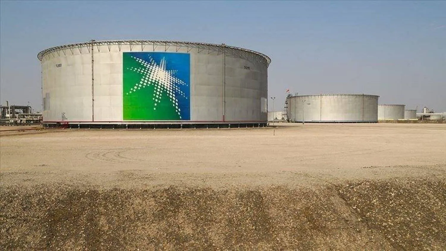 Saudi Aramco logo on oil storage tanks (Reuters)