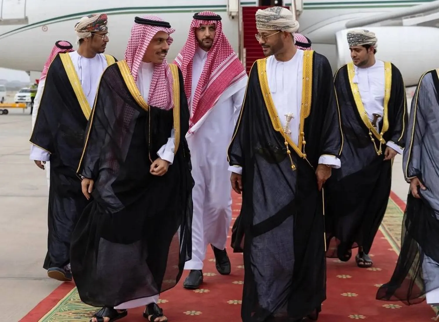 Saudi Minister of Foreign Affairs Prince Faisal bin Farhan bin Abdullah arrives in Muscat. (SPA)