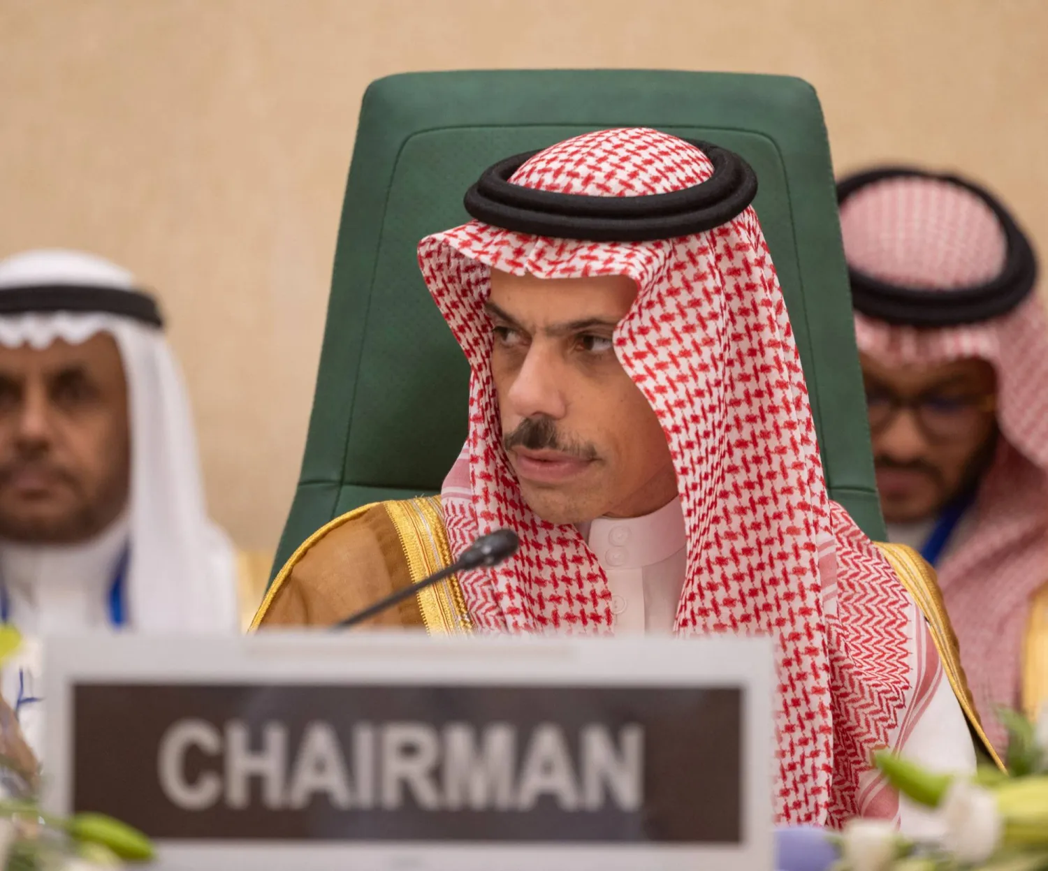 Saudi Arabia's Foreign Minister Prince Faisal bin Farhan Al Saud chairs the Organization of Islamic Cooperation meeting in Jeddah, Saudi Arabia, October 18, 2023. Saudi Press Agency/Handout via REUTERS 