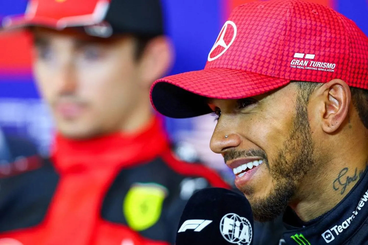 Third placed qualifier Lewis Hamilton of Great Britain and Mercedes talks in a press conference after qualifying ahead of the F1 Grand Prix of United States at Circuit of The Americas on October 20, 2023 in Austin, Texas. (Getty Images/AFP)