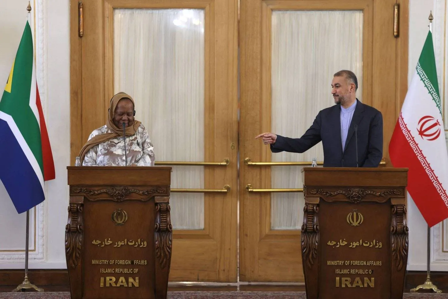 Iranian FM Hossein Amir-Abdollahian during a joint press conference with South African Foreign Minister Naledi Pandor in Tehran on Sunday. (AFP) 