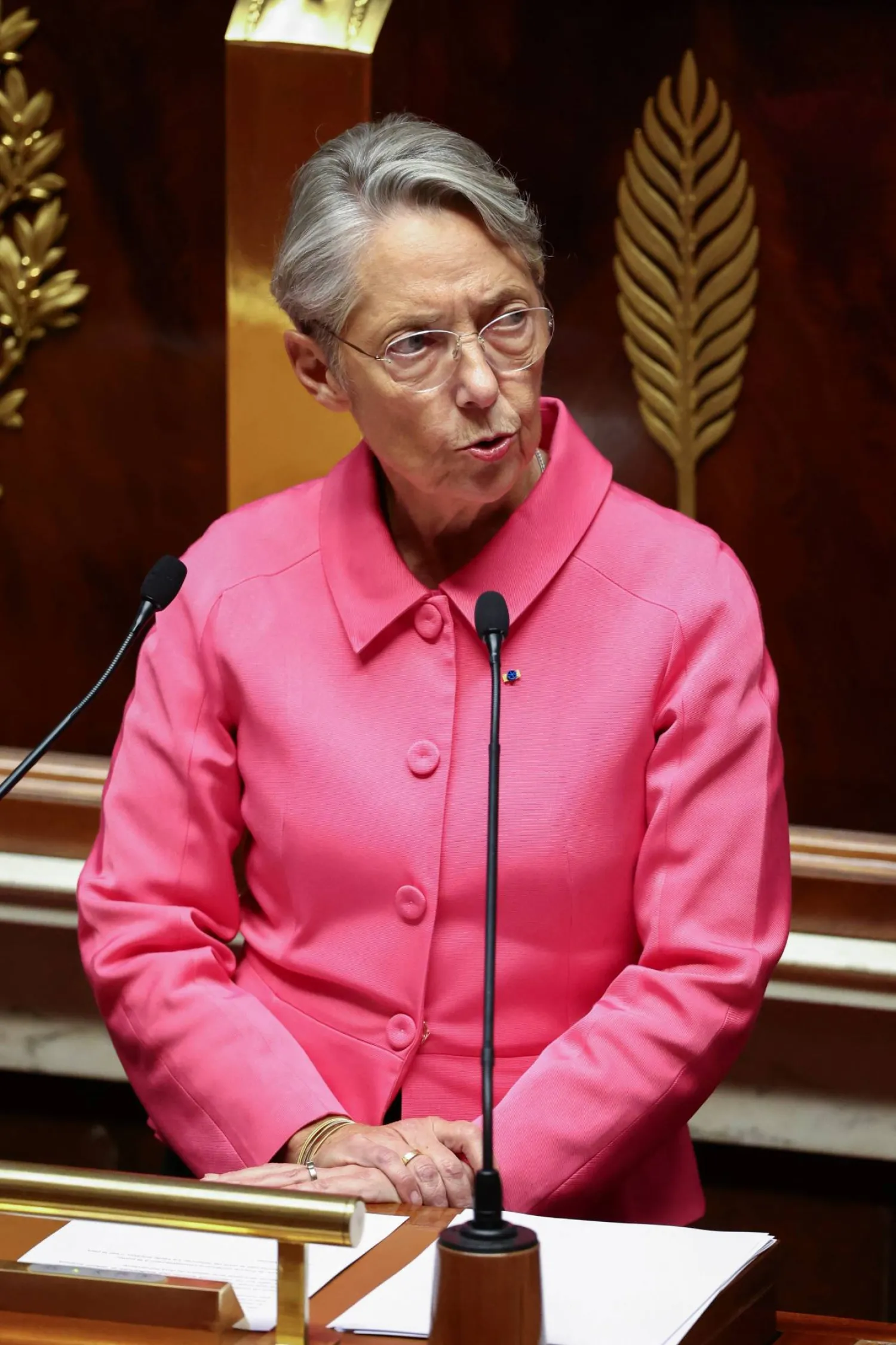 رئيسة الحكومة الفرنسية إليزابيث بورن تلقي كلمتها في البرلمان عصر الاثنين حيث أعلنت عن المطالبة بهدنة إنسانية (رويترز)