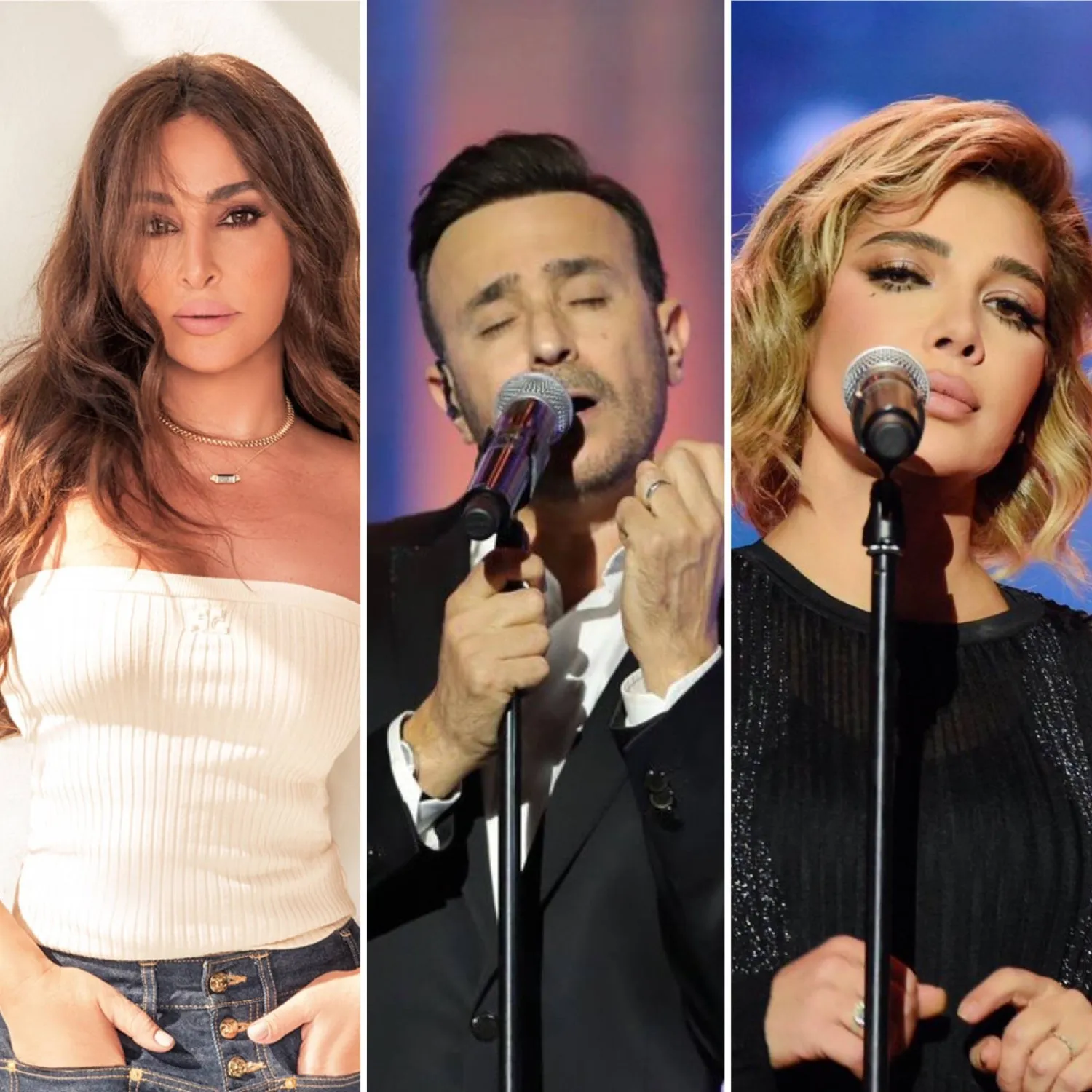 الفنان بين إقامة الحفل وإلغائه... جدلية محتدمة (من اليمين أصالة وصابر الرباعي وإليسا)