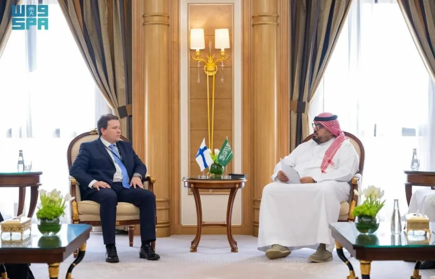 Saudi Minister of Economy and Planning Faisal Al-Ibrahim meets with Finland’s Minister for Foreign Trade and Development Ville Tavio. SPA