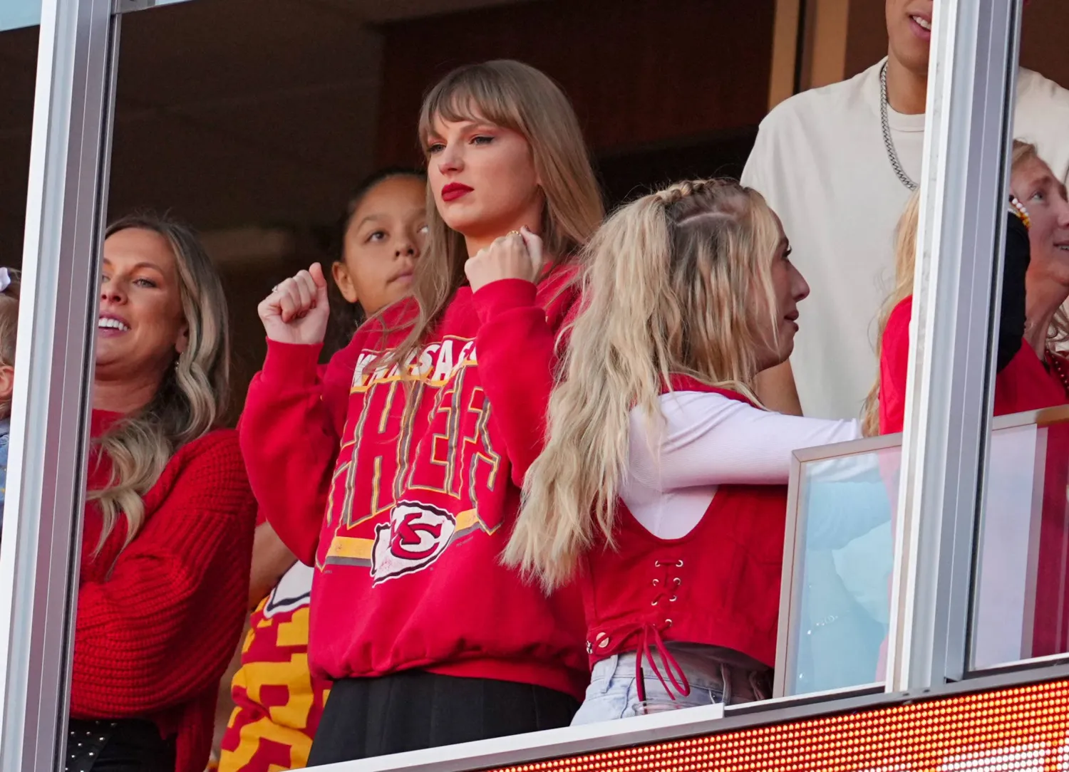 Oct 22, 2023; Kansas City, Missouri, USA; Recording artist Taylor Swift and Brittany Mahomes cheer during the second half between the Los Angeles Chargers and the Kansas City Chiefs at GEHA Field at Arrowhead Stadium. Mandatory Credit: Jay Biggerstaff-USA TODAY Sports