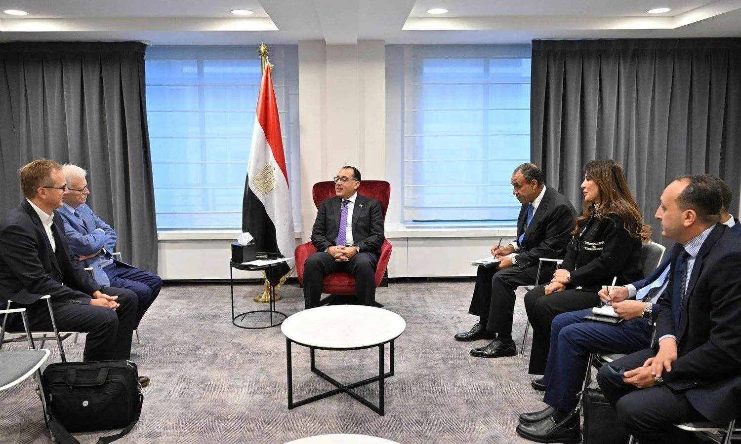 Egyptian Prime Minister Mostafa Madbouly meets with officials of the Belgian company “Jan De Nul” for building and maintaining marine infrastructure. (Asharq Al-Awsat) 

