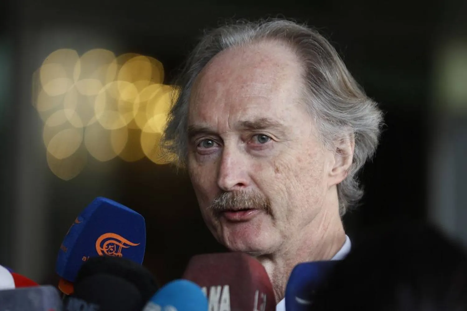 The United Nations special envoy for Syria, Geir Pedersen, speaks to journalists in Damascus, Syria, Feb. 13, 2023. (AP)