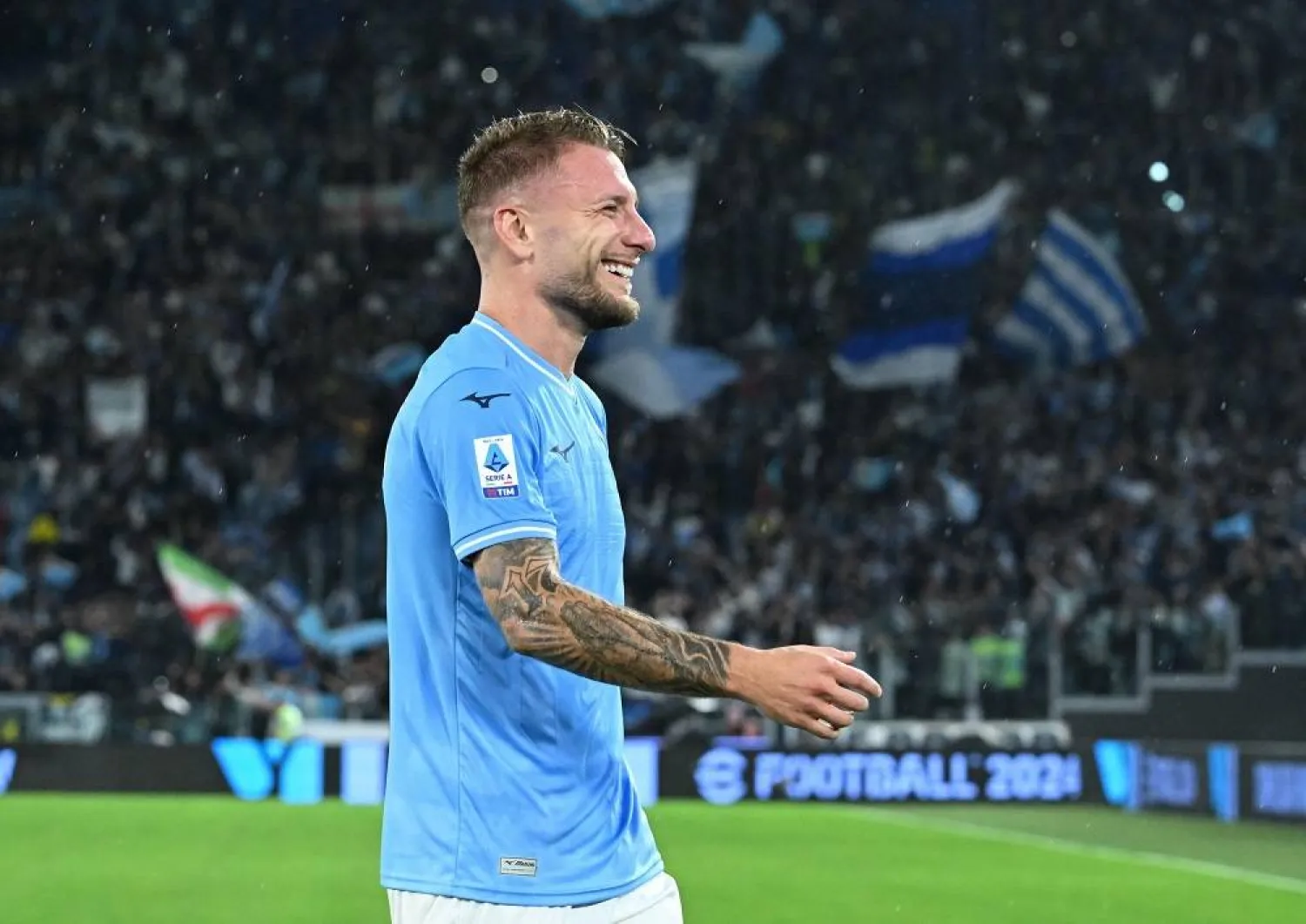 Lazio's Ciro Immobile, scorer of the only goal, celebrates after winning the Serie A soccer match between SS Lazio and ACF Fiorentina, in Rome, Italy, 30 October 2023. (EPA)