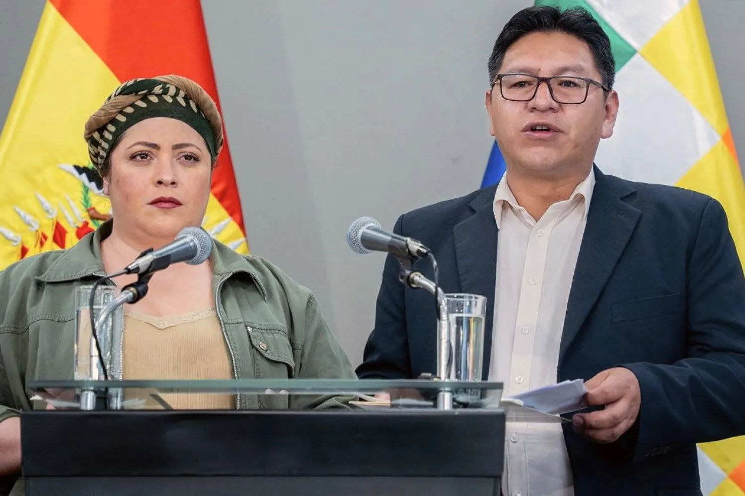 Bolivia's deputy Foreign Minister Freddy Mamani (R) speaks next to the minister of the presidency Maria Nela Prada, during a press conference announcing that Bolivia will break relations with Israel, on October 31, 2023, at the Casa Grande del Pueblo government palace in La Paz, Bolivia. AFP