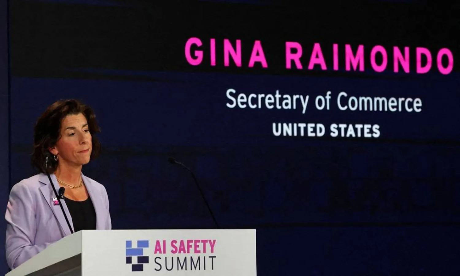  US Commerce Secretary Gina Raimondo speaks during the UK Artificial Intelligence (AI) Safety Summit at Bletchley Park, in central England, on November 1, 2023. (AFP)