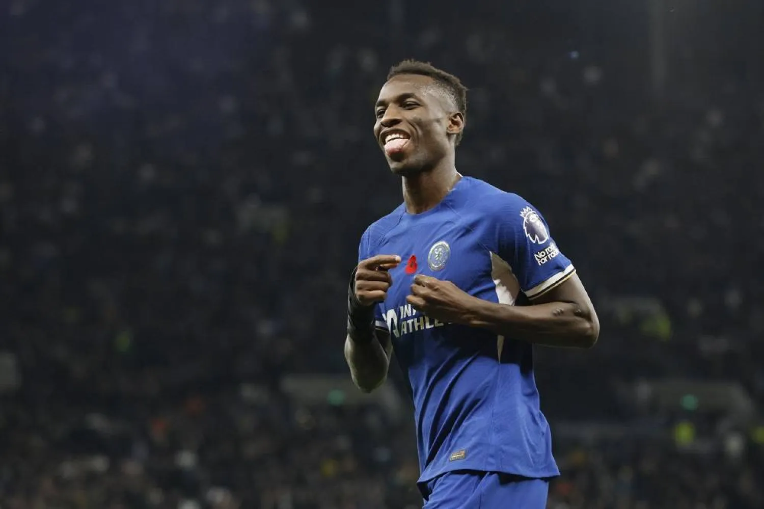 Chelsea's Nicolas Jackson celebrates after scoring his side's fourth goal during the English Premier League soccer match between Tottenham Hotspur and Chelsea, at Tottenham Hotspur Stadium, London, Monday, Nov. 6, 2023. (AP)