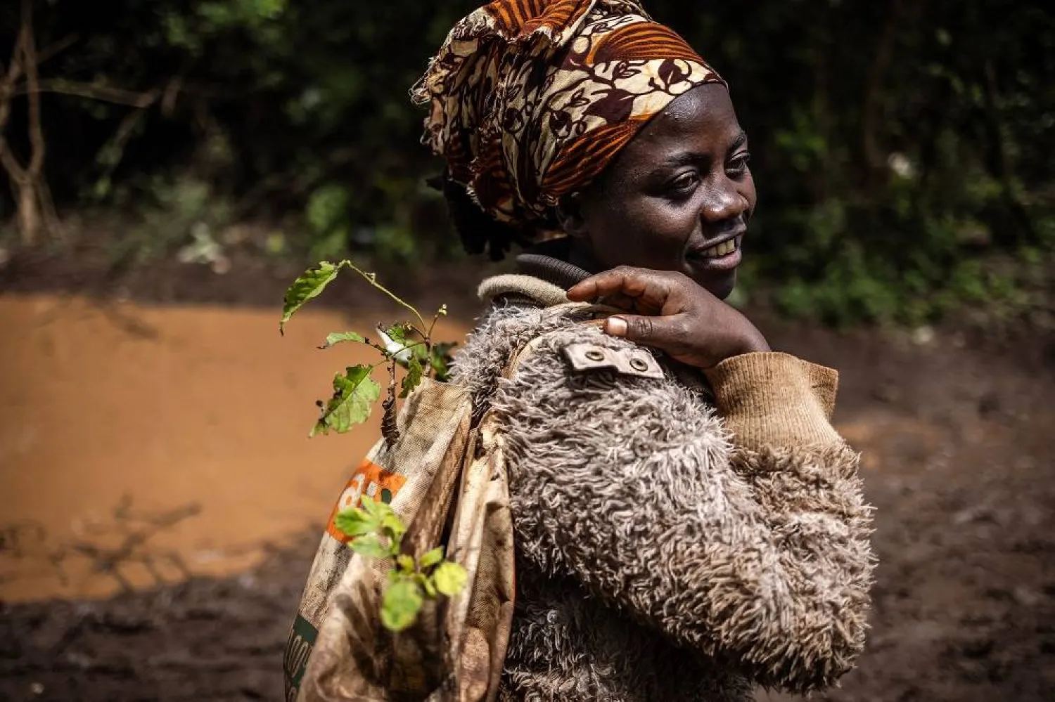 A woman carries tree seedlings in a bag as she looks for a place to plant them during the nationwide tree planting public holiday in Nairobi on November 13, 2023. (AFP)