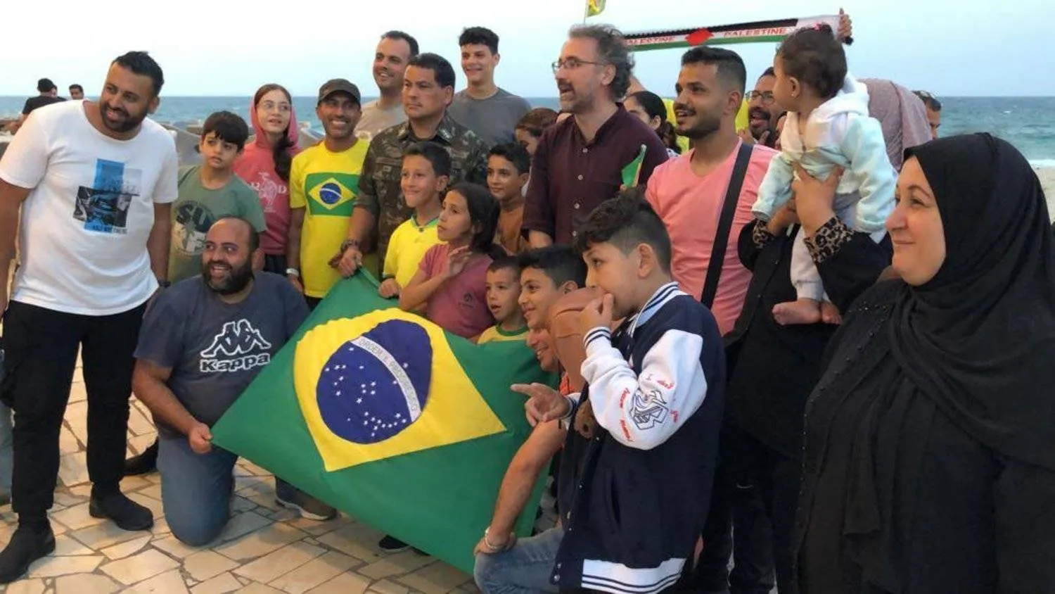 Palestinian-Brazilian dual nationals pose for a photo after their safe evacuation from Gaza. (Asharq Al-Awsat)