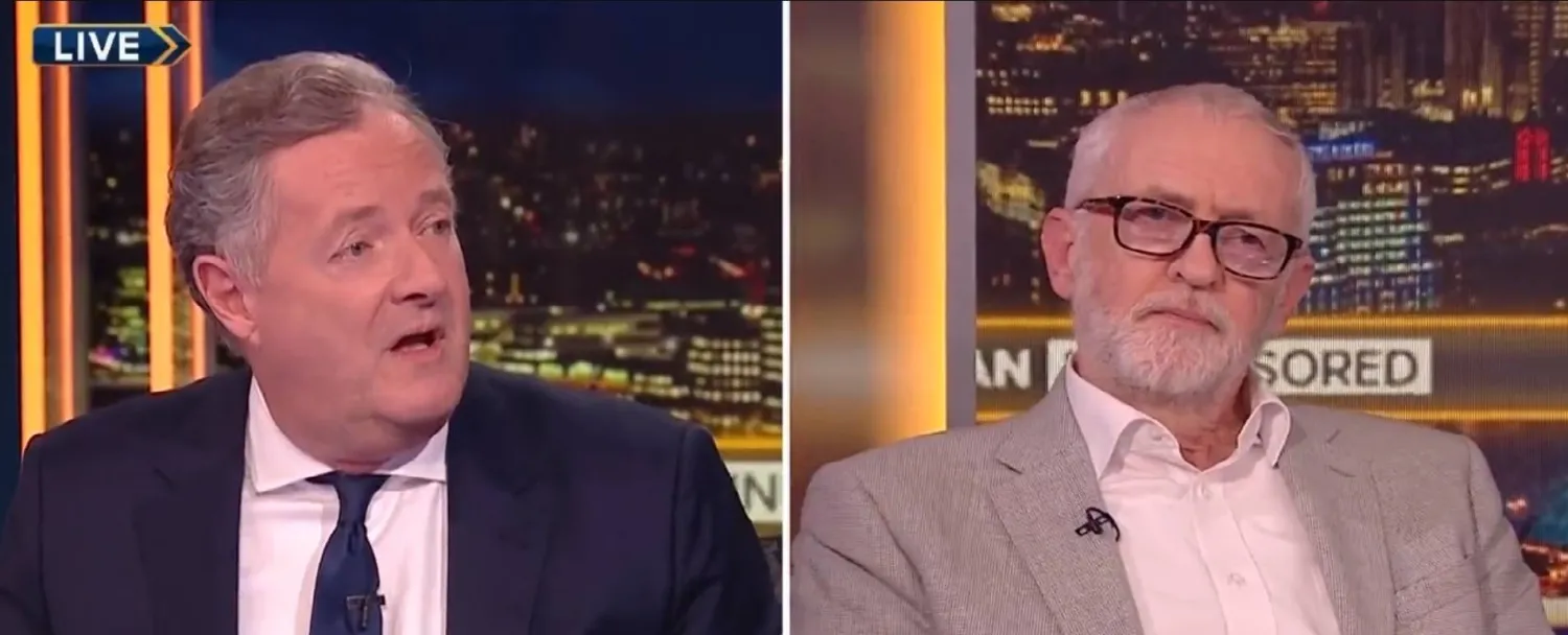 لقطة من اللقاء التلفزيوني الذي جمع بين بيرس مورغان وجيريمي كوربين