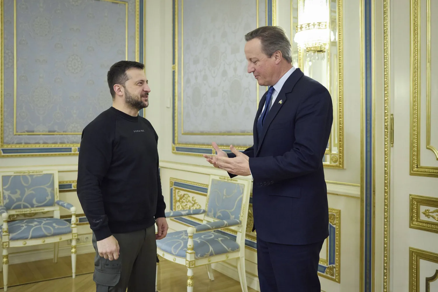 In this photo provided by the Ukrainian Presidential Press Office on Wednesday, Nov. 15, 2023, Ukrainian President Volodymyr Zelensky, left, speaks with Britain's Foreign Secretary David Cameron on the occasion of their meeting, in Kyiv, Ukraine. (Ukrainian Presidential Press Office via AP)