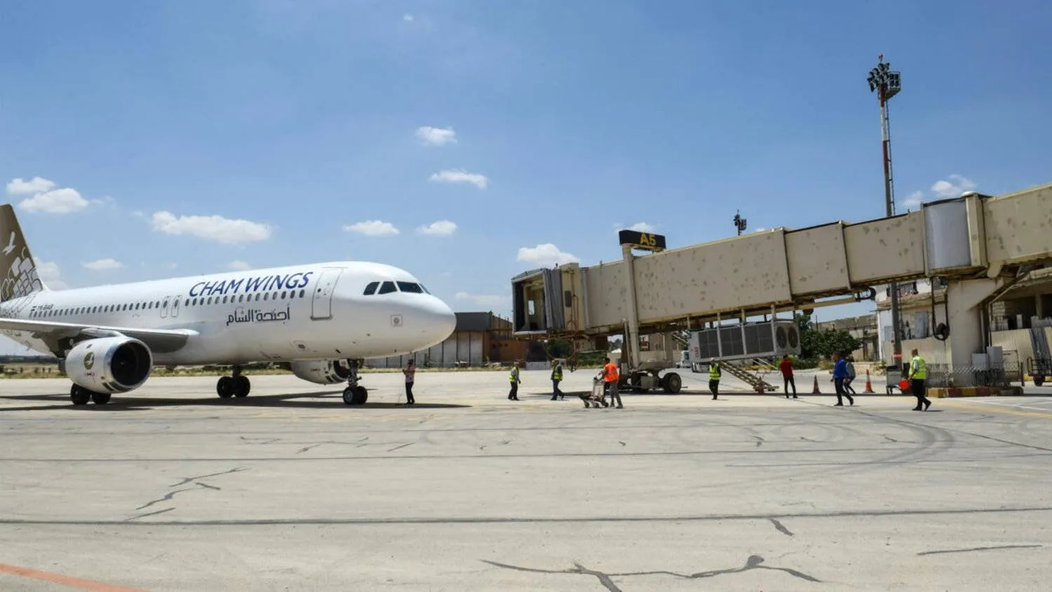 A Cham Wings Airlines Airbus A320-211 is pictured in Syria in this file photo taken on June 15, 2022. (AFP)
