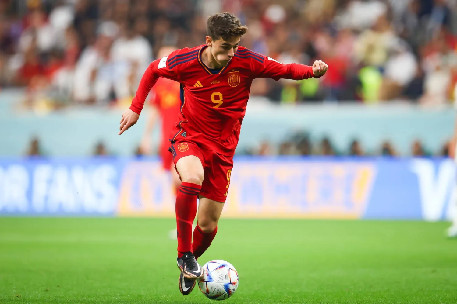 FILED - 27 November 2022, Qatar, Al Khor: Spain's Gavi in action during the 2022 FIFA World Cup Group E soccer match between Spain and Germany at Al Bayt Stadium. Photo: Christian Charisius/dpa