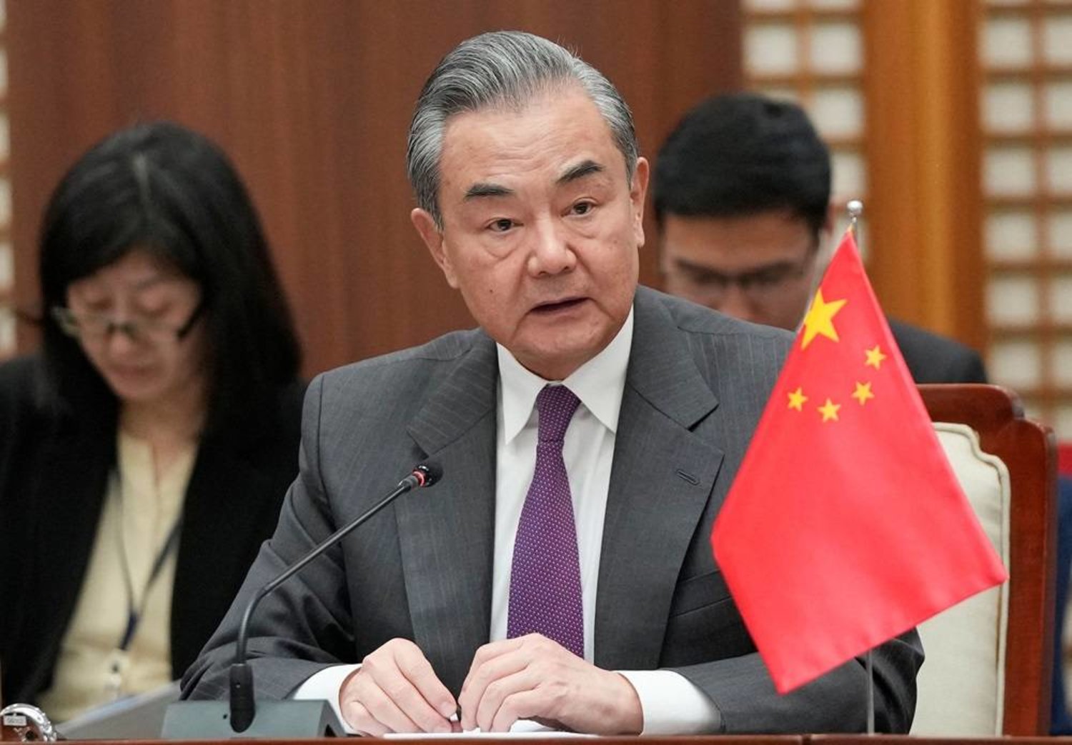  Chinese Foreign Minister Wang Yi speaks during the 10th trilateral foreign ministers' meeting in Busan on November 26, 2023. (AFP) 