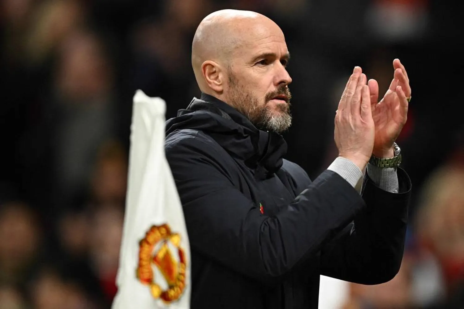 Manchester United's Dutch manager Erik ten Hag applauds at the end of the English Premier League football match between Manchester United and Luton Town at Old Trafford in Manchester, north west England, on November 11, 2023. (AFP)