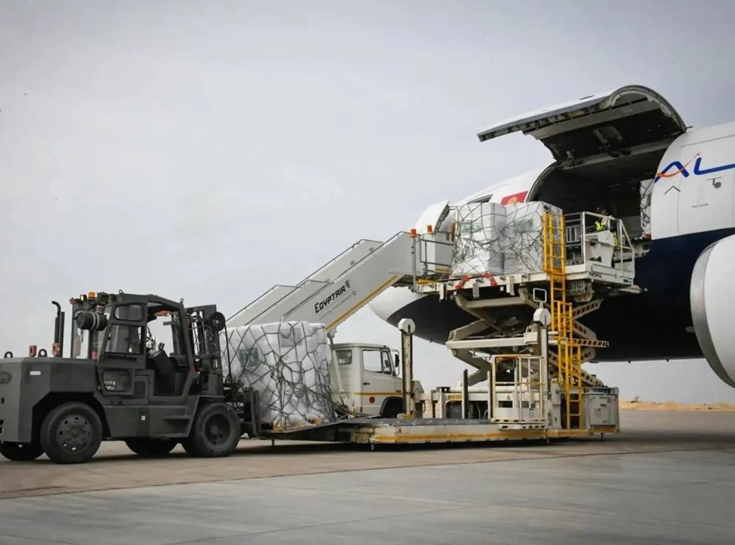 The 20th Saudi relief plane dedicated to the Palestinian people in Gaza arrived in Egypt on Sunday. (SPA)