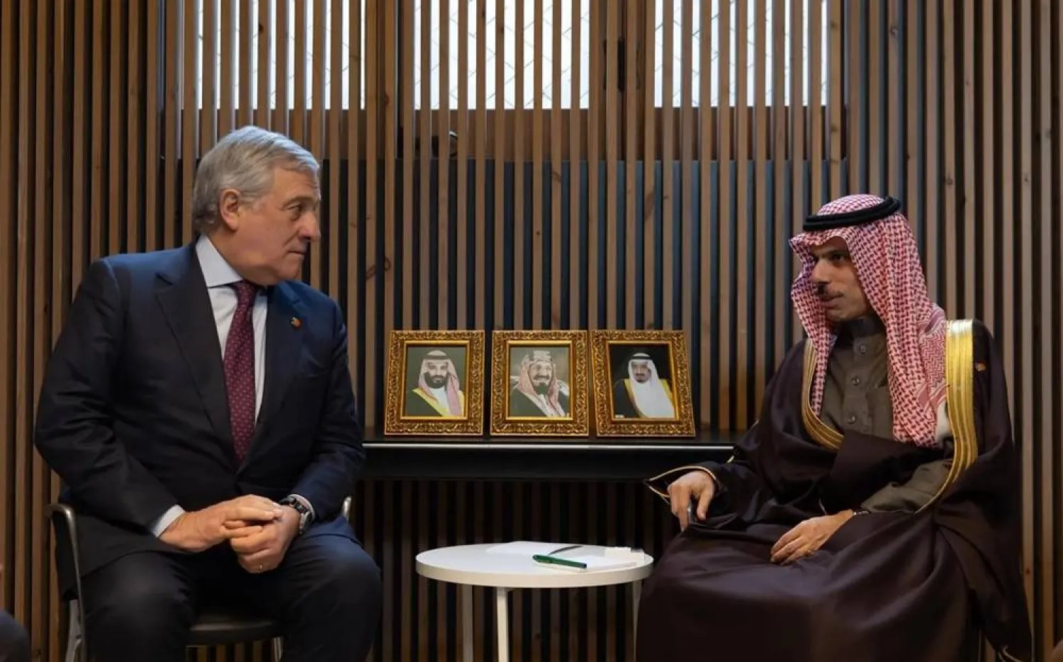 Saudi Minister of Foreign Affairs Prince Faisal bin Farhan bin Abdullah meets with his Italian counterpart Antonio Tajani on the sidelines of the Union for the Mediterranean Regional Forum in Barcelona on Monday. (SPA) 