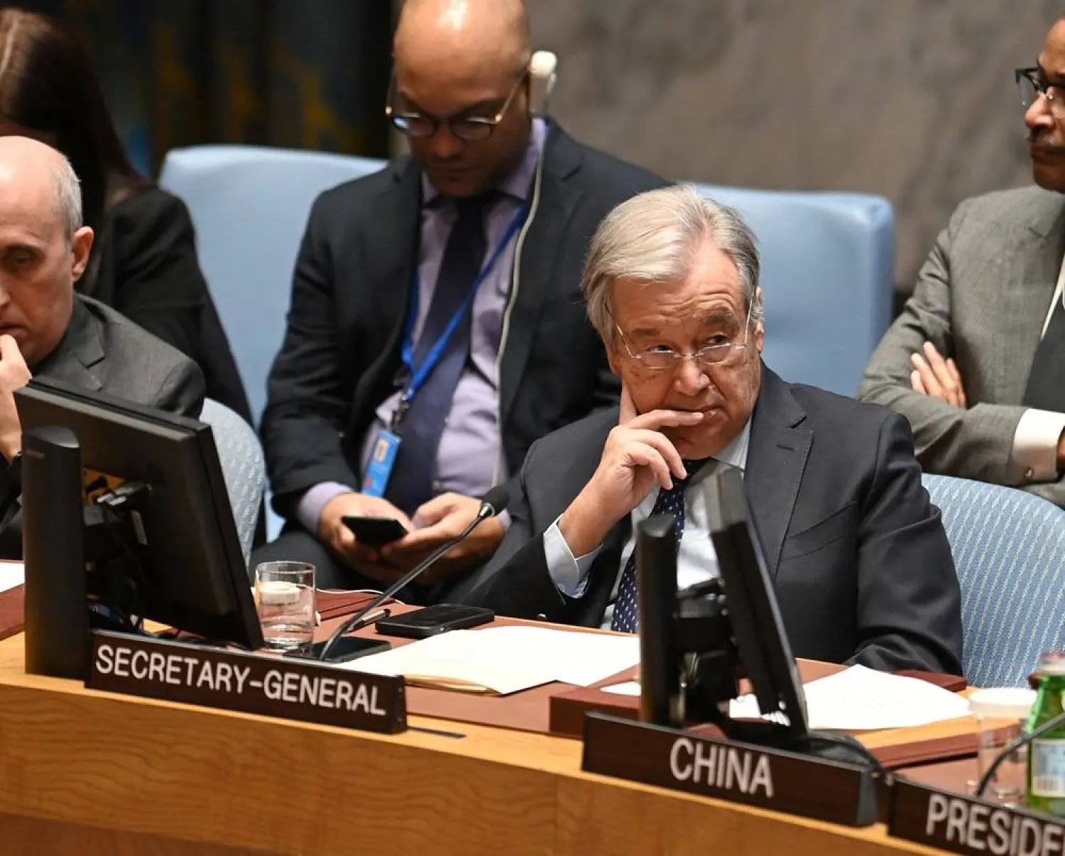United Nations Secretary-General Antonio Guterres listens during a UN Security Council meeting on the situation in the Middle East, and the Israel-Hamas war at the United Nations headquarters on November 29, 2023 in New York City. (AFP)