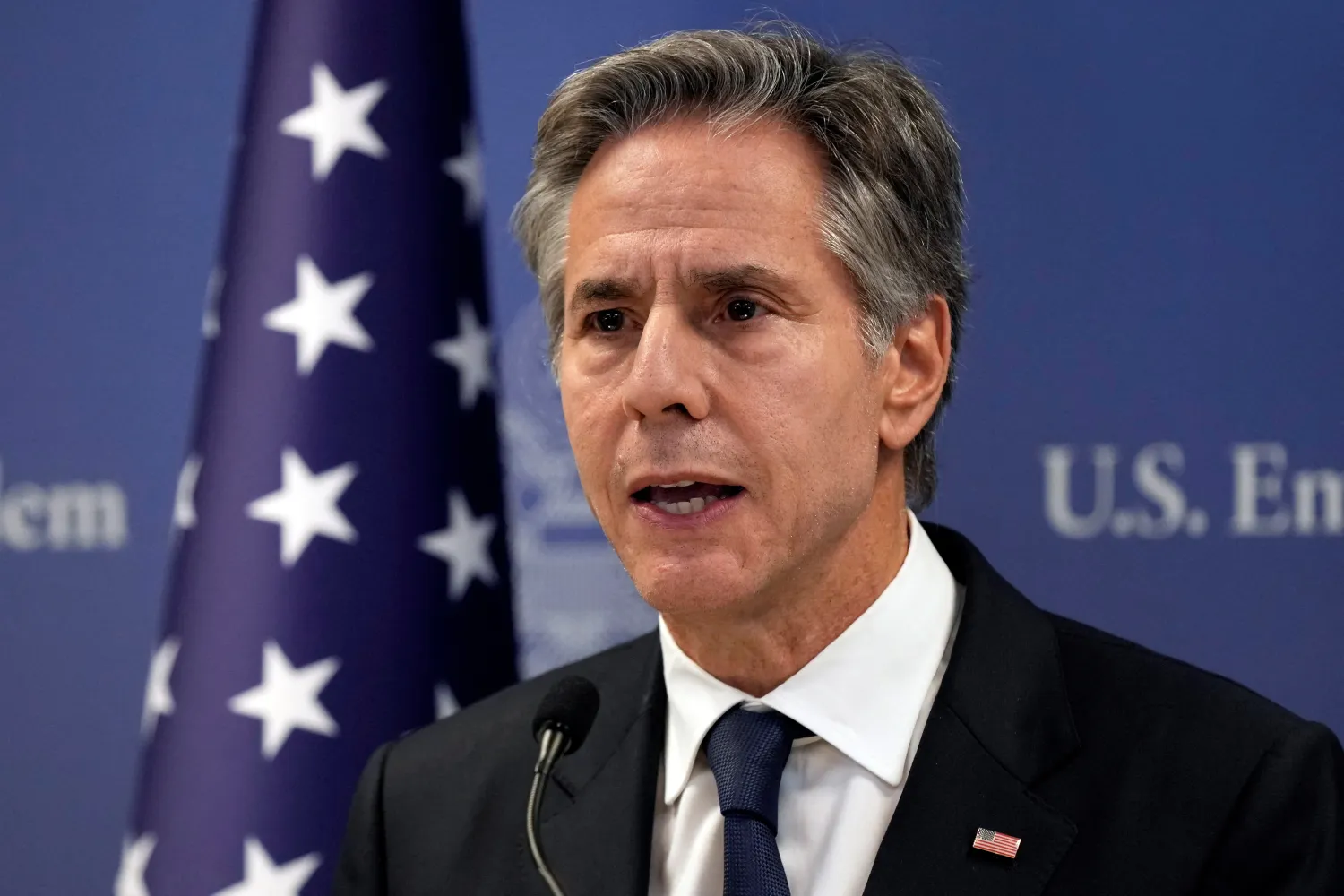 US Secretary of State Antony Blinken speaks in Tel Aviv, Tuesday Oct. 17, 2023, after an overnight meeting with Israeli Prime Minister Benjamin Netanyahu. Jacquelyn Martin/Pool via REUTERS/File Photo