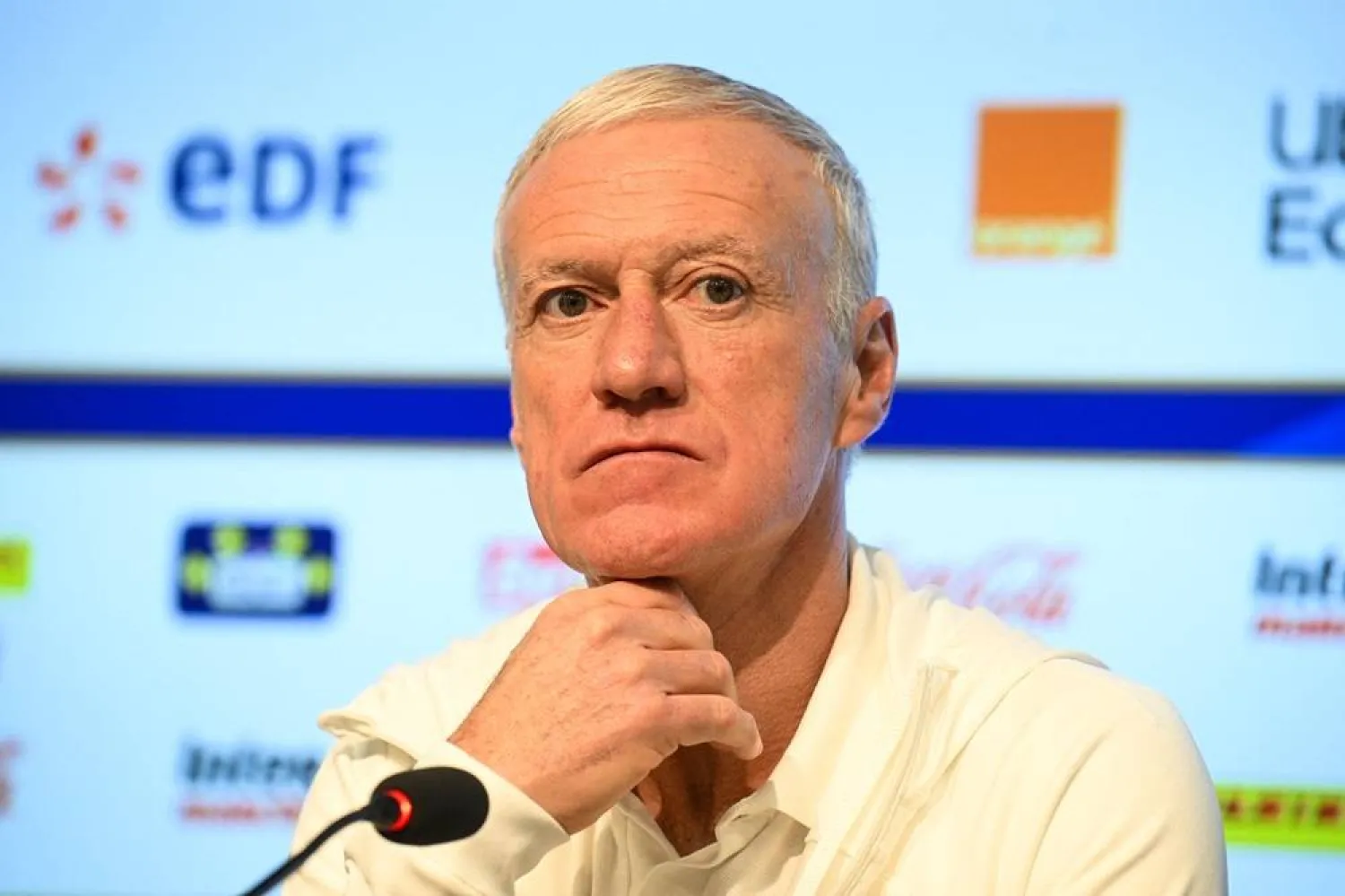 France's head coach Didier Deschamps addresses the media during a press conference at the Agia Sophia Stadium in Athens on November 20, 2023, on the eve of the UEFA Euro 2024 group B qualifying match between Greece and France. (AFP) 