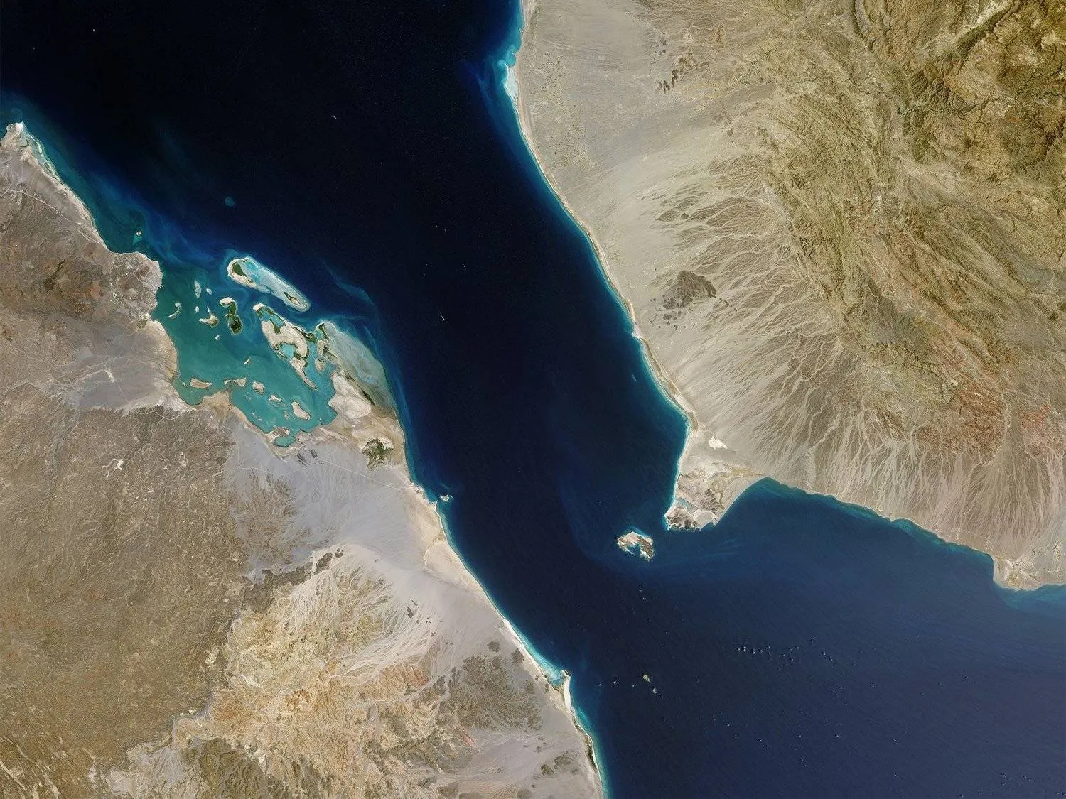 A satellite view of the Red Sea's Bab al-Mandab strait. NASA