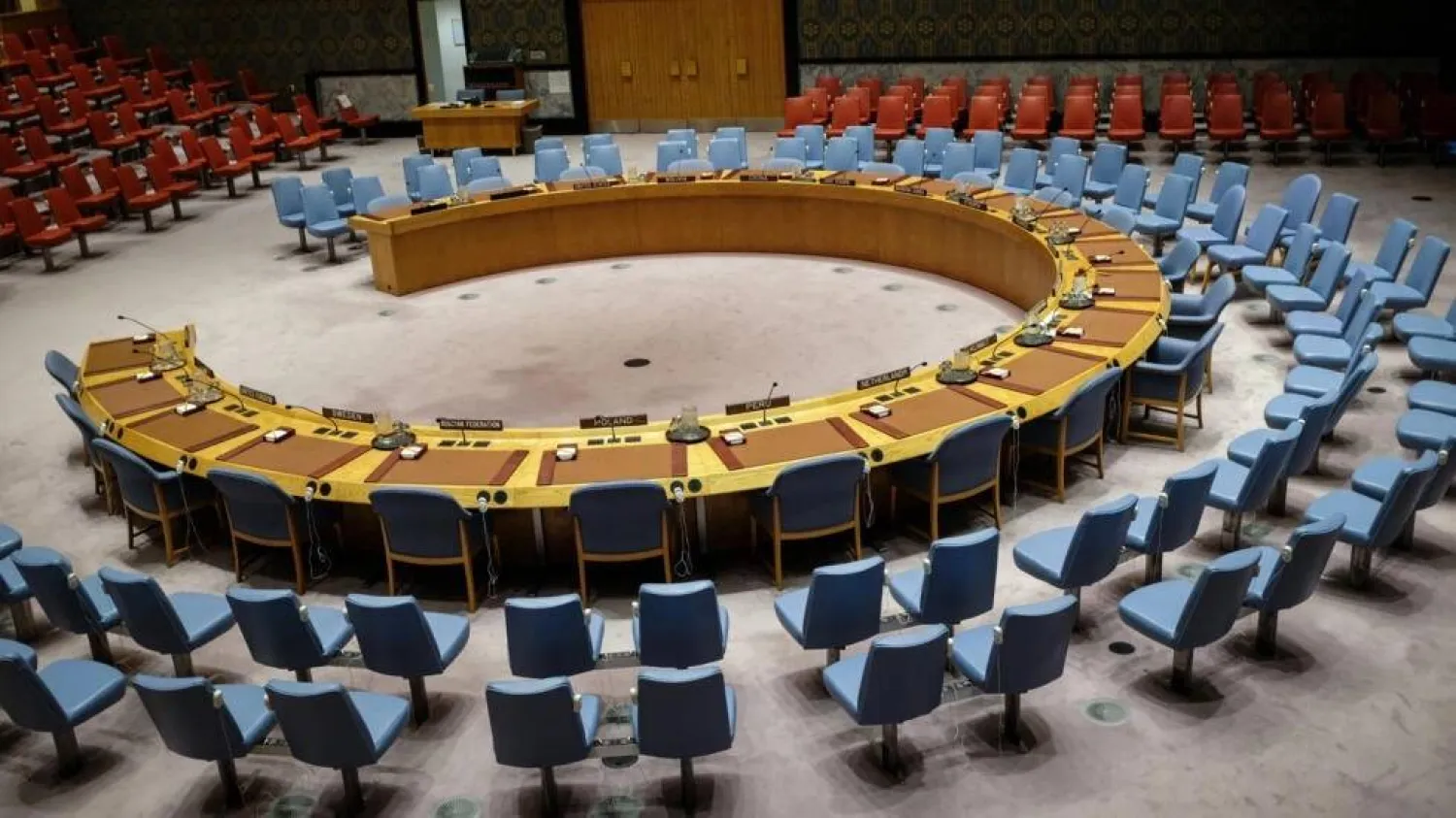 An empty UN Security Council chamber is seen in January 2018. Drew Angerer / GETTY IMAGES NORTH AMERICA/AFP/File
