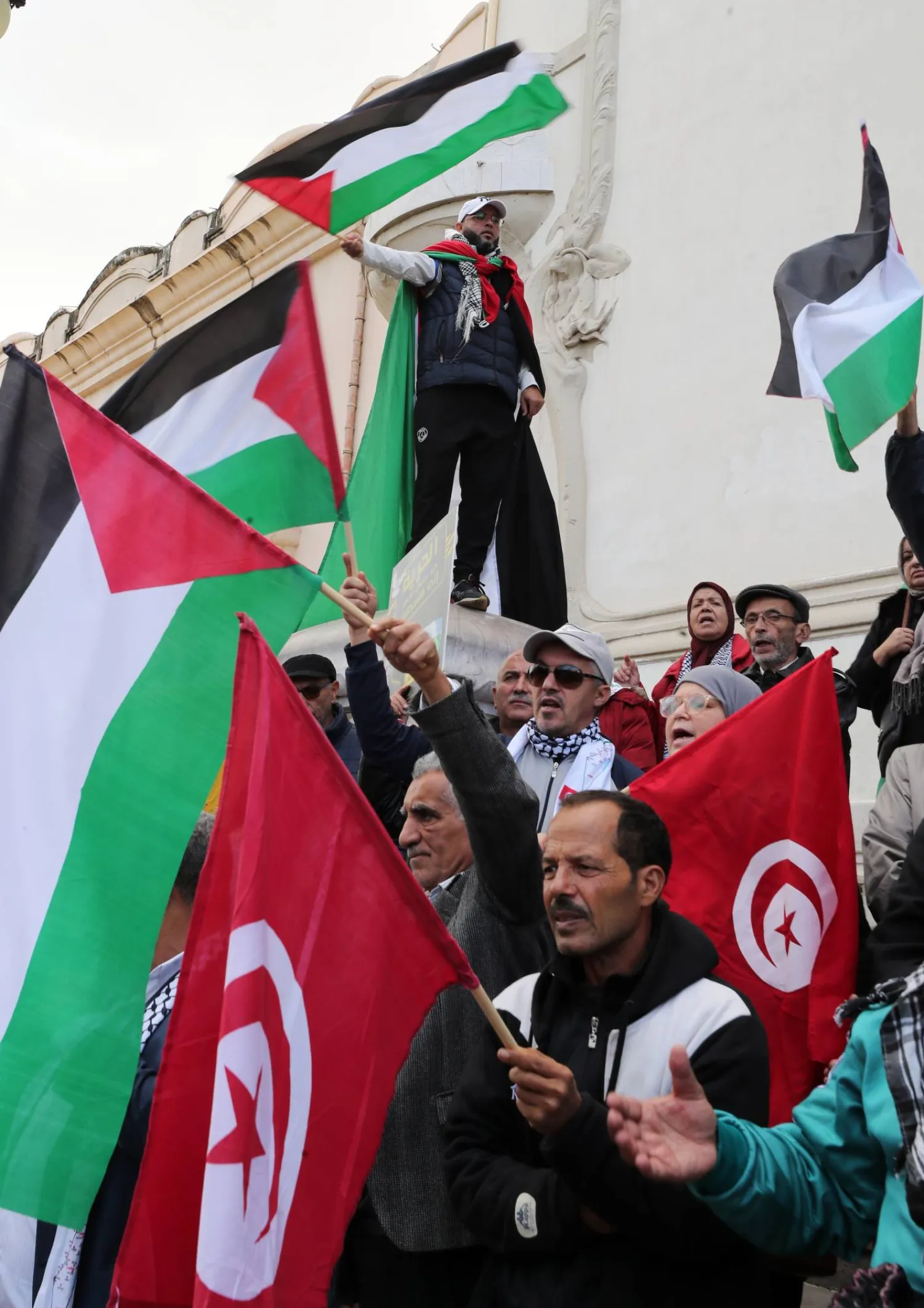 رفع العلمين التونسي والفلسطيني في التظاهرة (إ.ب.أ)