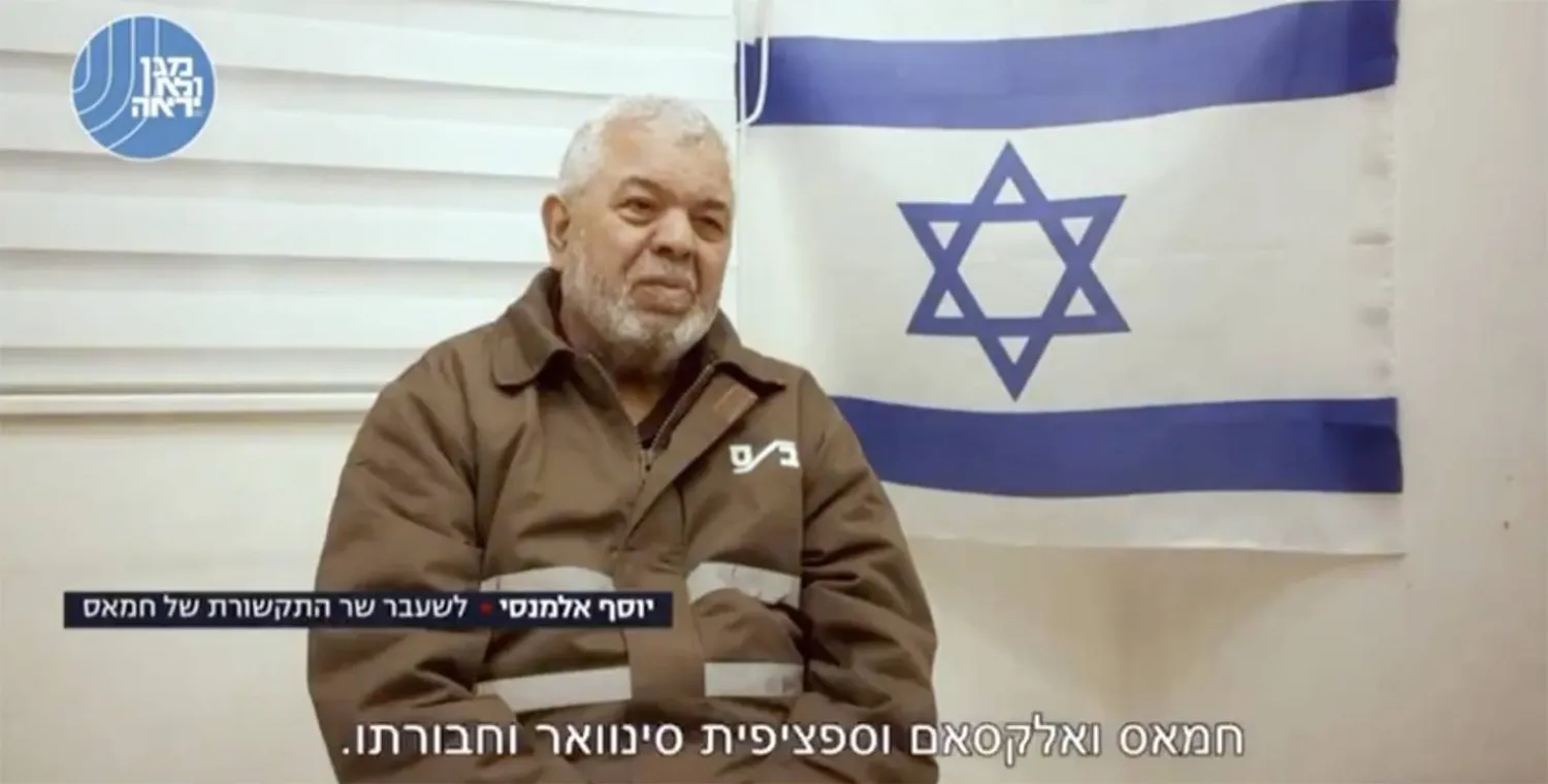 صورة مأخوذة من الفيديو الإسرائيلي لاستجواب وزير الاتصالات السابق في حكومة غزة يوسف المنسي