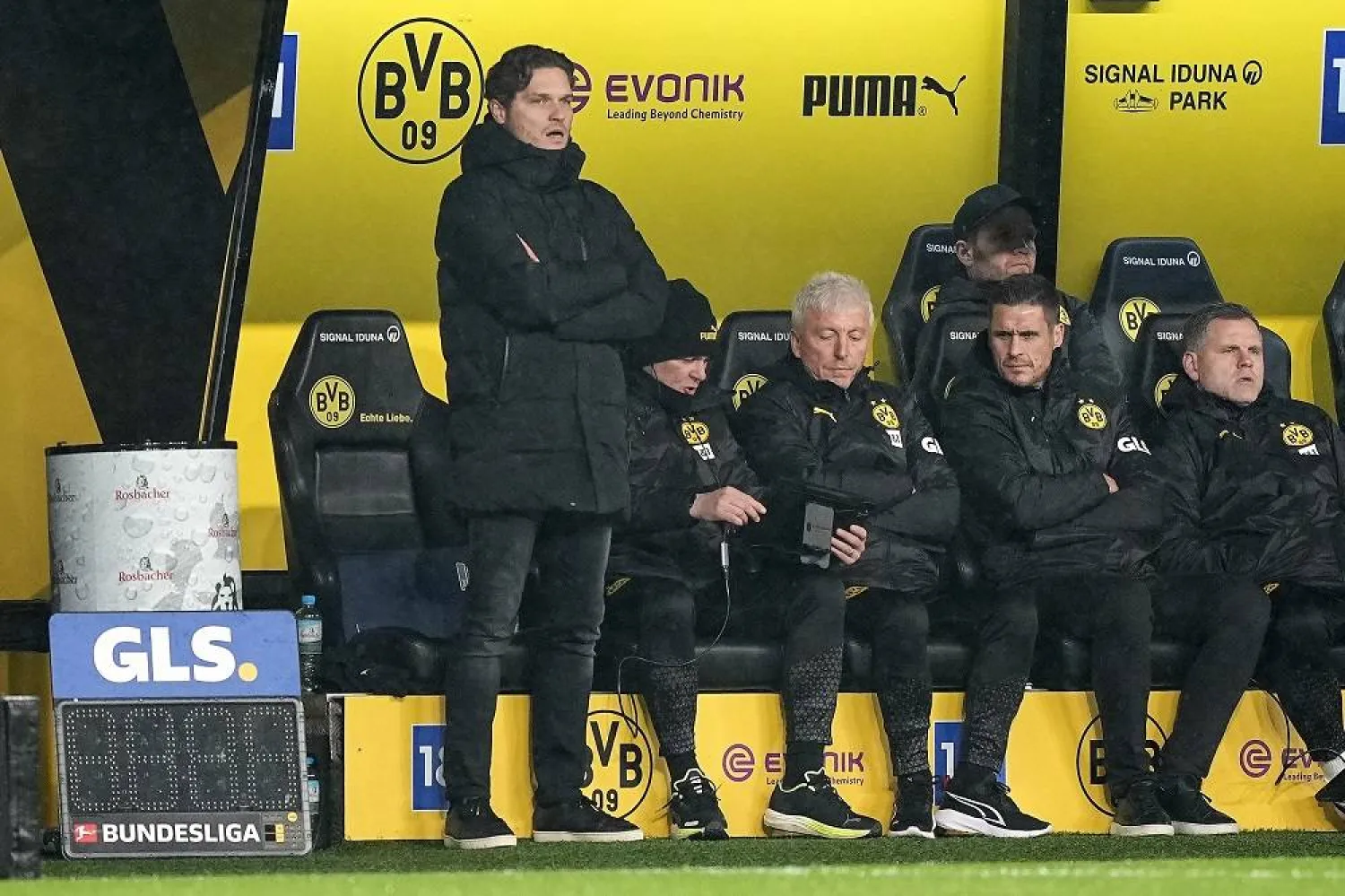 Dortmund's head coach Edin Terzić stands beside his bench during the German Bundesliga match between Borussia Dortmund and 1. FSV Mainz 05 at the Signal-Iduna Park in Dortmund, Germany, Tuesday, Dec. 19, 2023. (AP) 