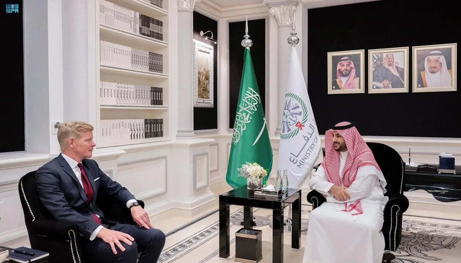 Saudi Defense Minister Prince Khalid bin Salman welcomes UN Special Envoy for Yemen Hans Grundberg in Riyadh. (SPA) 