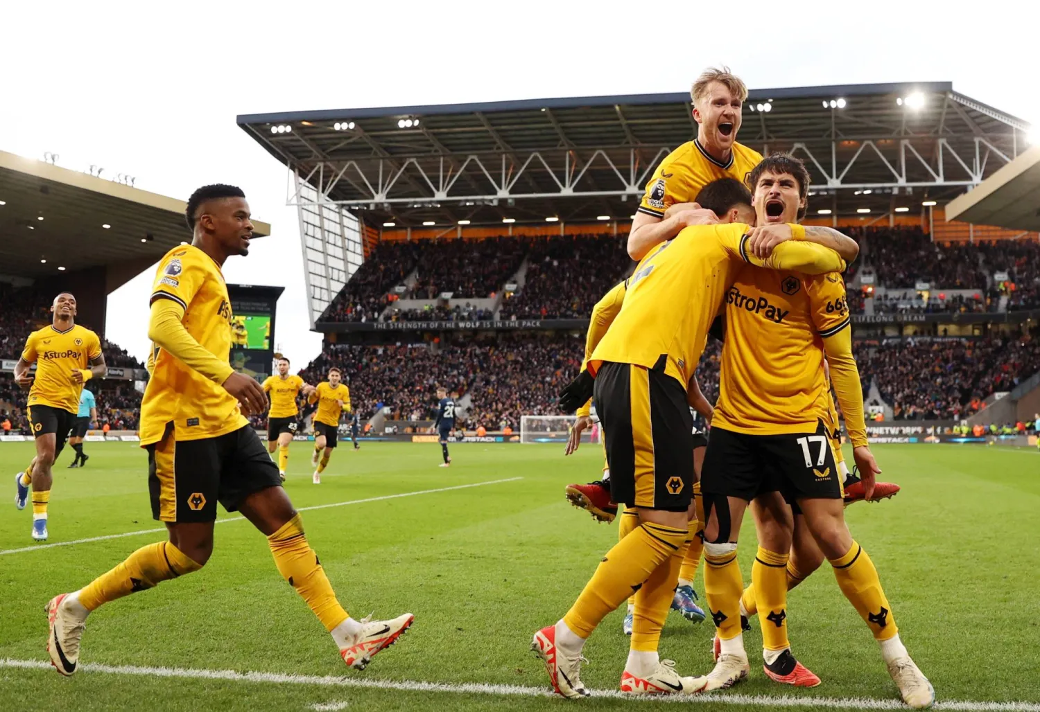 فرحة لاعبي ولفرهامبتون بالهدف الثاني في مرمى تشيلسي بالدوري الإنجليزي الممتاز (رويترز)