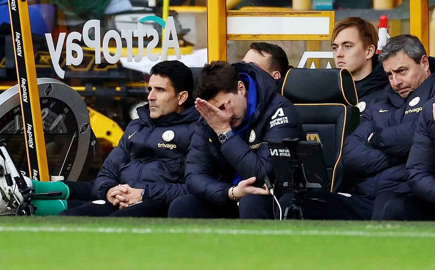 Football - Premier League - Wolverhampton Wanderers v Chelsea - Molineux Stadium, Wolverhampton, Britain - December 24, 2023 Chelsea manager Mauricio Pochettino looks dejected. (Reuters)