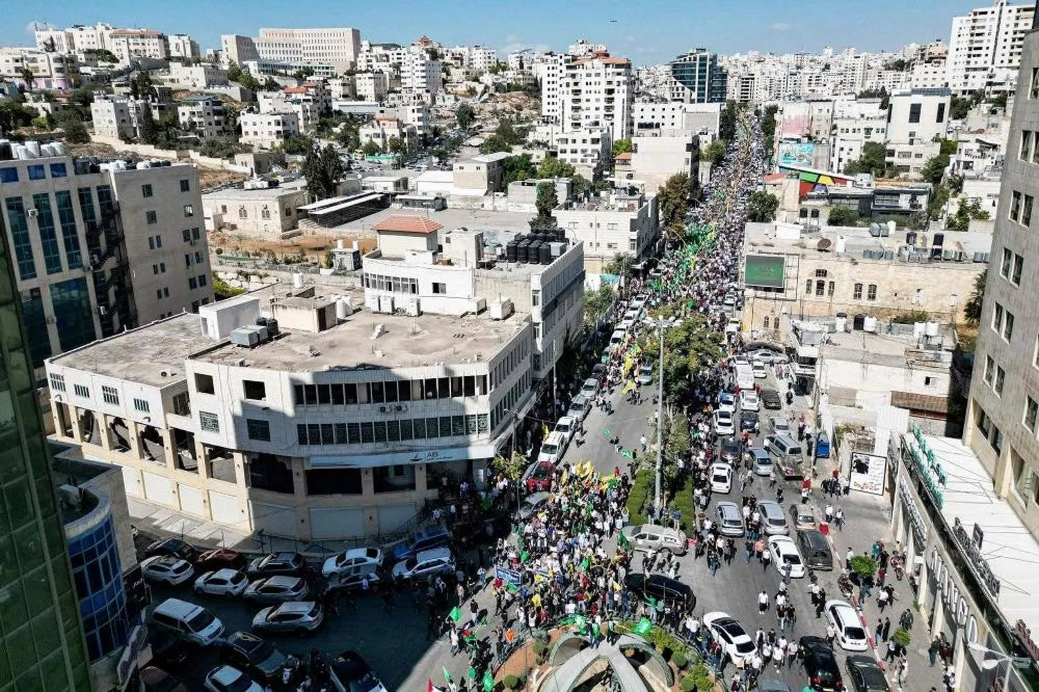 Palestinian security forces during a visit by President Mahmoud Abbas to the Jenin refugee camp on July 12. (AFP)
