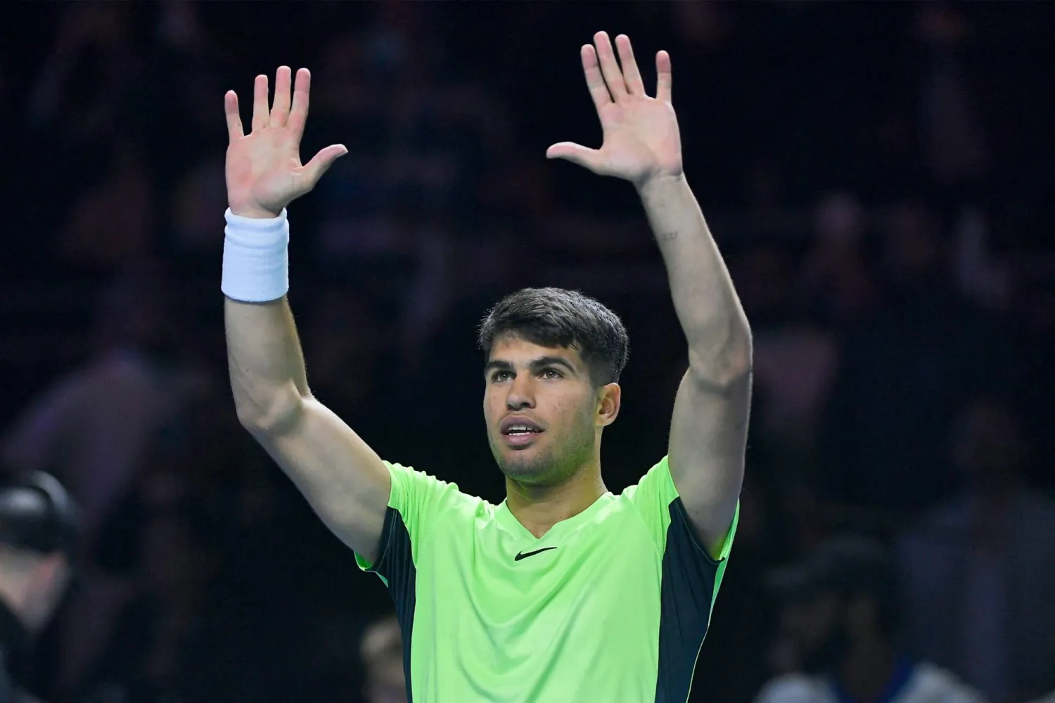 Spain's Carlos Alcaraz reacts after winning the Riyadh Season Tennis Cup exhibition tournament match in the Saudi capital on December 27, 2023. (Photo by AFP)