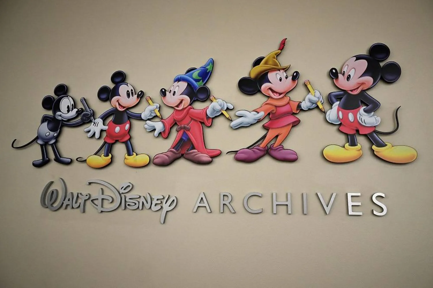 Mickey Mouse animations annouce the entrance to the Walt Disney Archives during a media tour of the Disney Studio and Walt Disney Archives,on June 20, 2023 at the Disney Studio lot, in Burbank, California. (AFP)