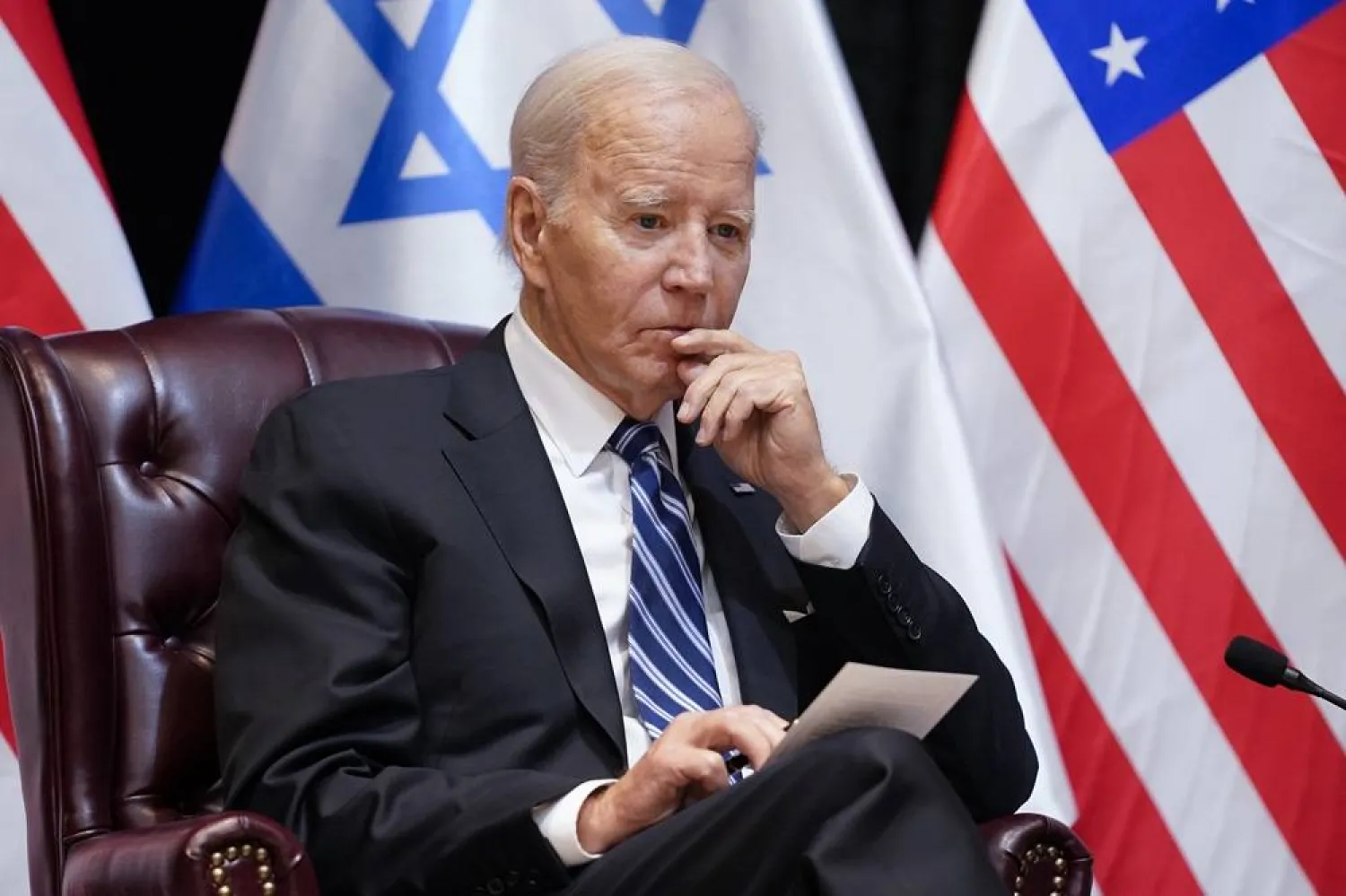 President Joe Biden listens as he and Israeli Prime Minister Benjamin Netanyahu participate in an expanded bilateral meeting with Israeli and US government officials, Wednesday, Oct. 18, 2023, in Tel Aviv. (AP)