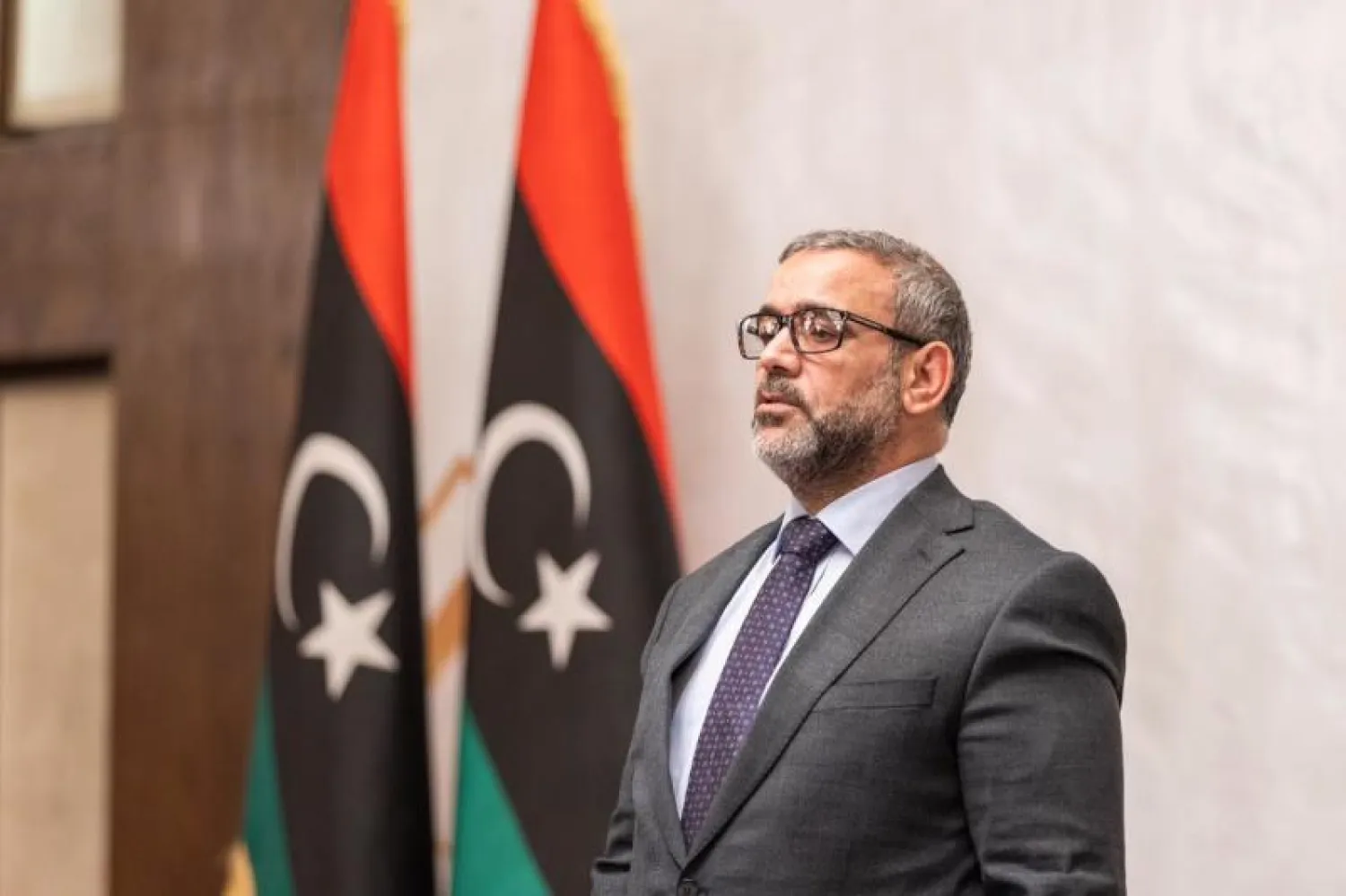 رئيس المجلس الأعلى للدولة في ليبيا خالد المشري خلال جلسة عُقدت اليوم (المكتب الإعلامي للمجلس)