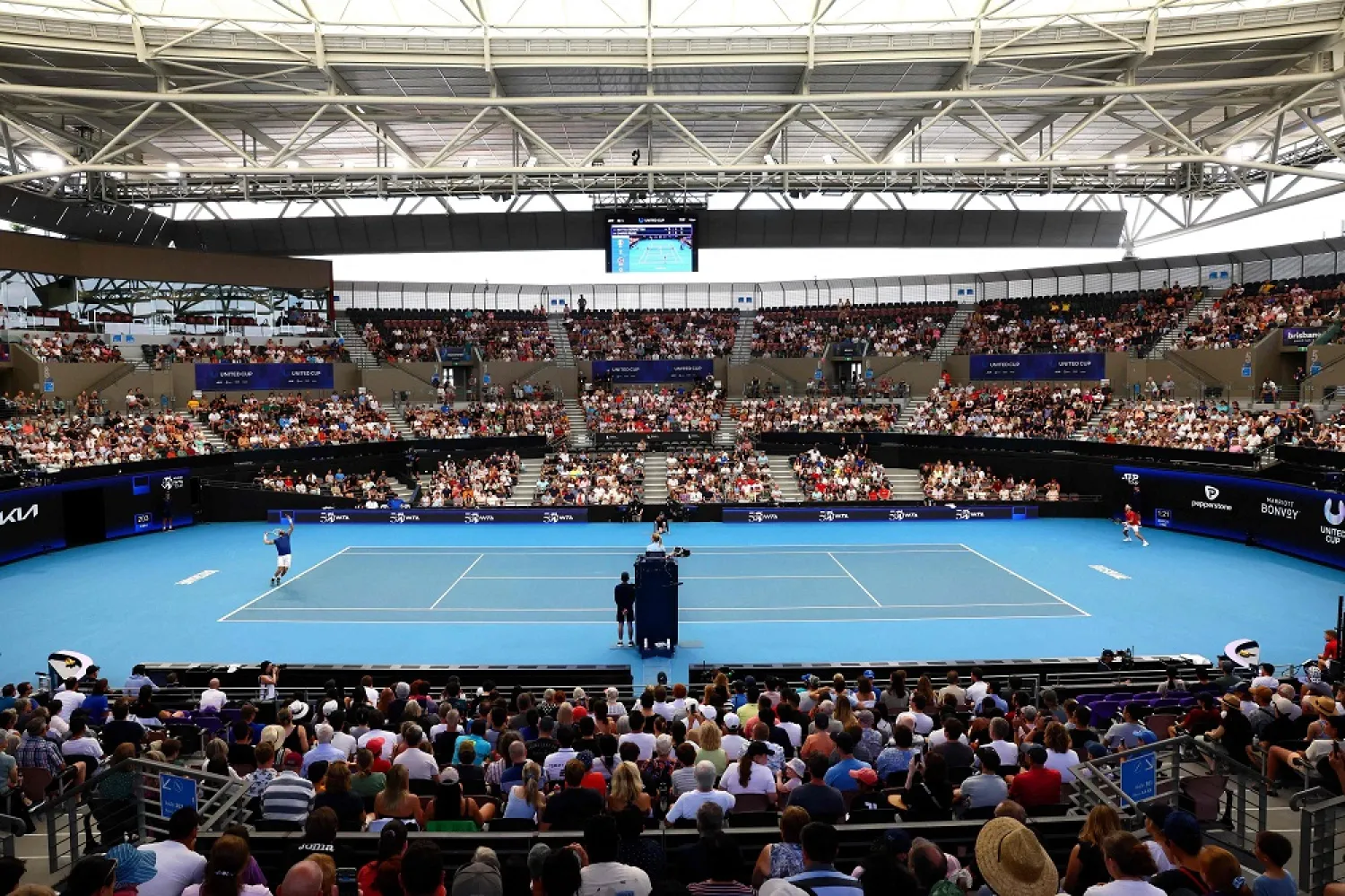 A general view of the Ken Rosewall Arena during men's singles match between Matteo Berrettini (L) of Italy and Casper Ruud (R) of Norway on day six of the United Cup tennis tournament in Brisbane on January 3, 2023. (AFP)