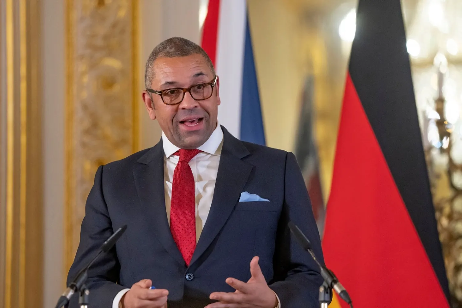 Britain's Foreign Secretary James Cleverly speaks during a joint press conference with his German counterpart following the first UK-Germany Strategic Dialogue meeting at Lancaster House in London on January 5, 2023. (AFP)