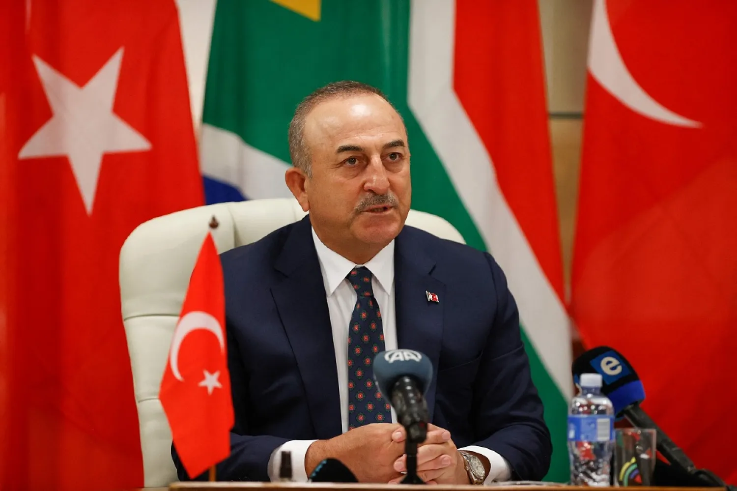 Turkish Foreign Affairs Minister Mevlut Cavusoglu conducts a press conference during his visit to South Africa at OR Tambo Building in Pretoria on January 10, 2023. (AFP)