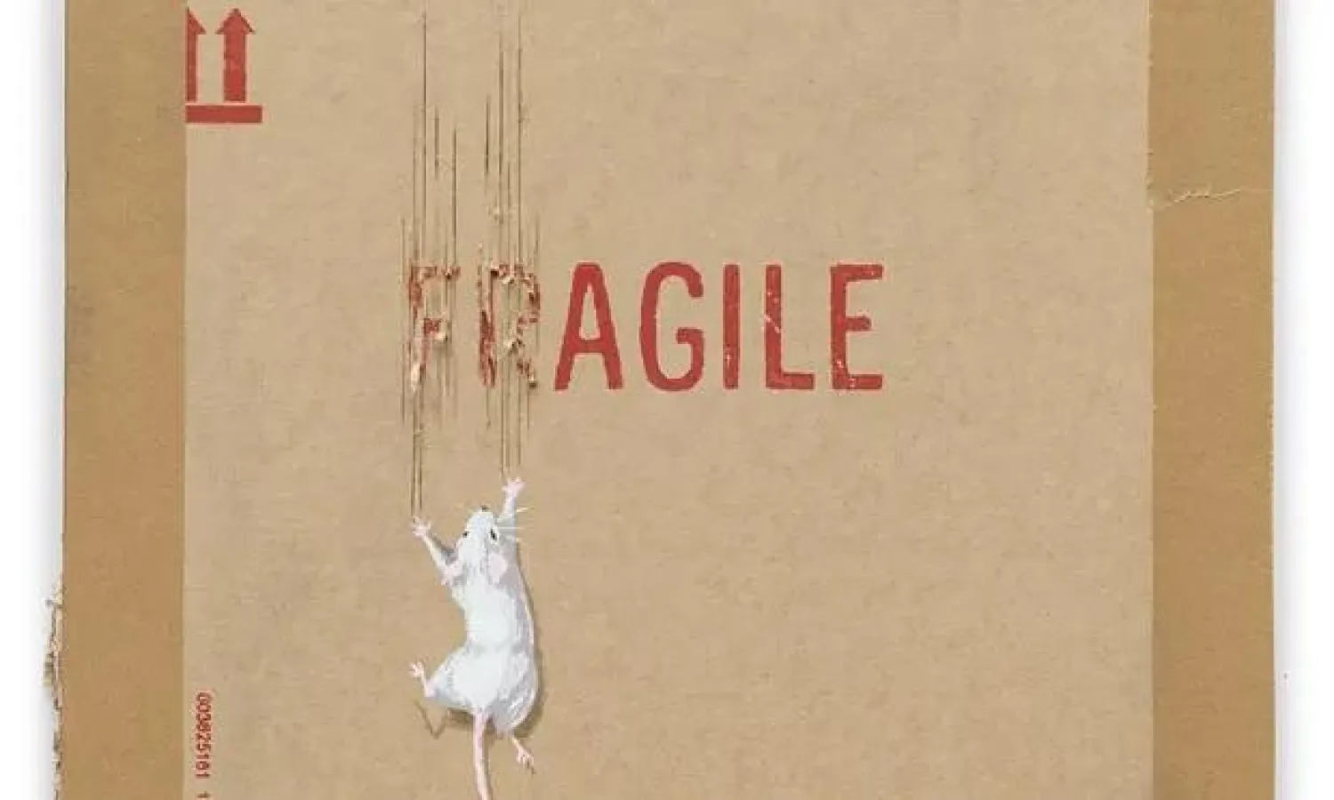 الأعمال الفنية تُظهر شكل فأر أبيض يزرع مخالبه في علبة عليها عبارة «مواد هشة» (إنستغرام)