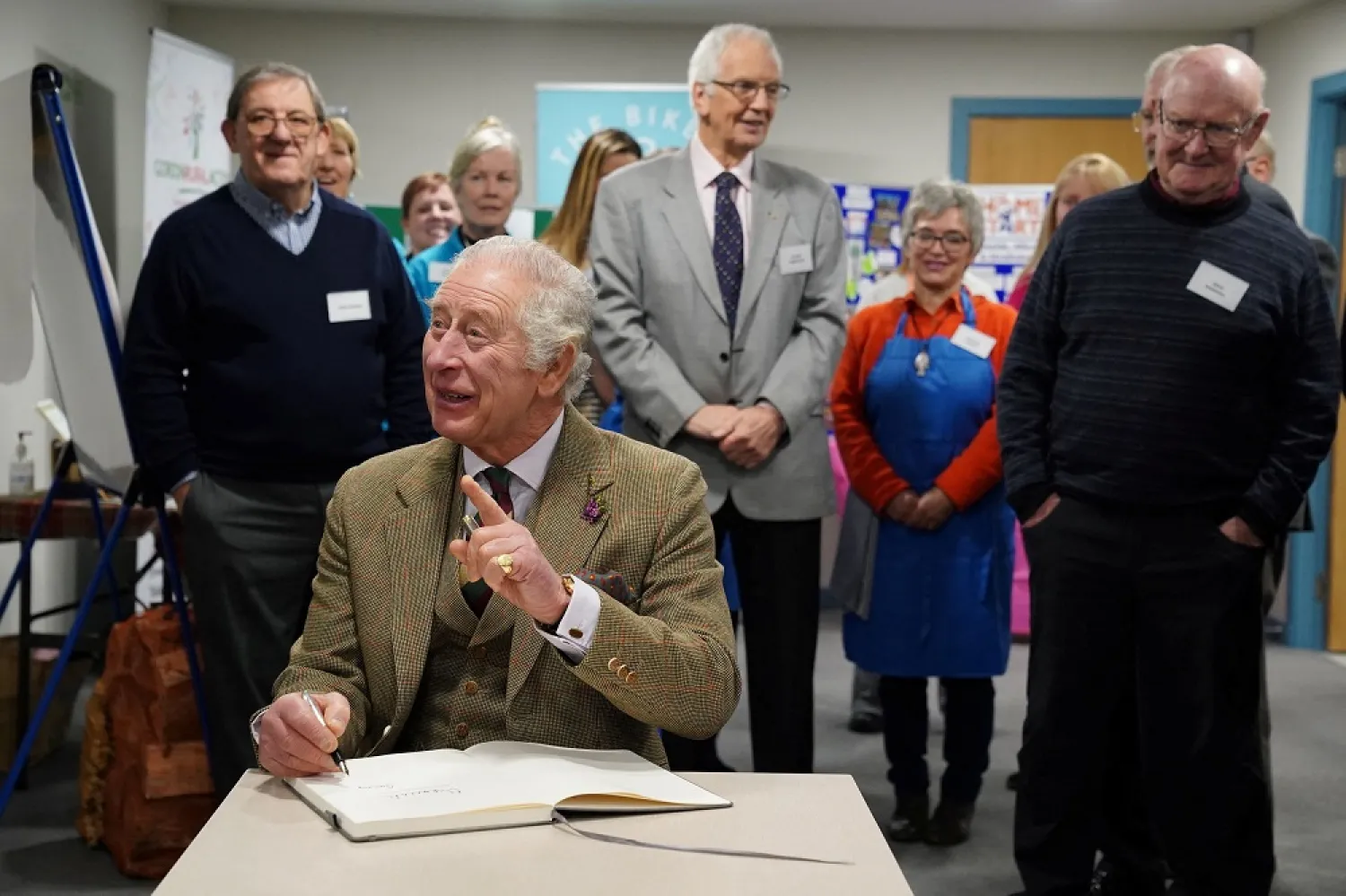 Britain's King Charles III visits Aboyne and Mid Deeside Community Shed to meet with local hardship support groups and tour the new facilities, in Aboyne, Aberdeenshire, Britain, January 12, 2023. (Reuters)