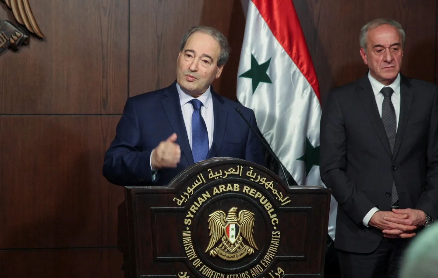 Syrian Foreign Minister Faisal Mikdad speaks during a joint news conference with Iranian foreign minister Hossein Amirabdollahian in Damascus, Syria January 14, 2023. (Reuters)