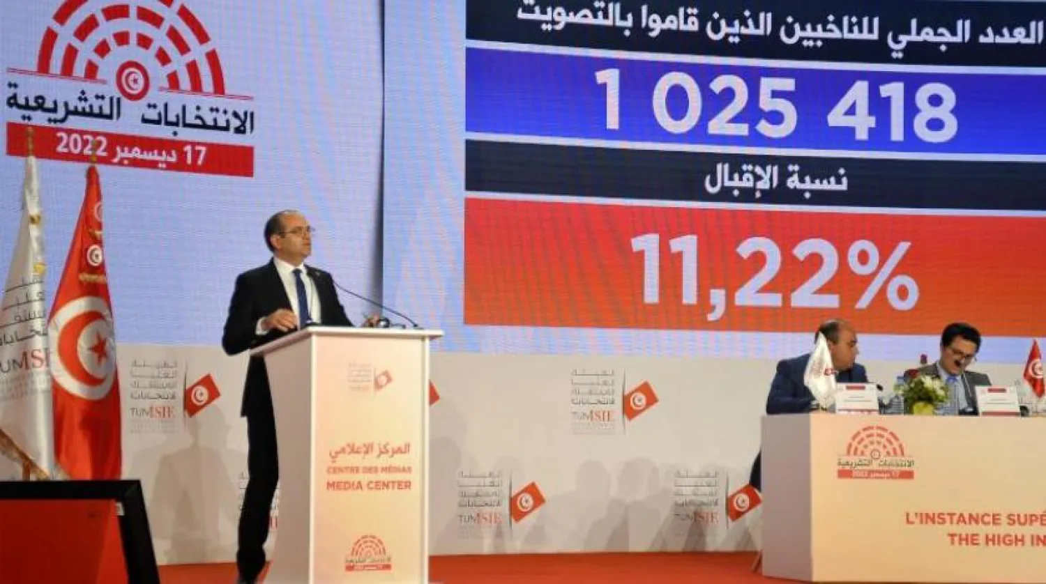 Tunus Yüksek Seçim Kurulu Başkanı Faruk Buasker, basın toplantısından bir kare  (AFP)