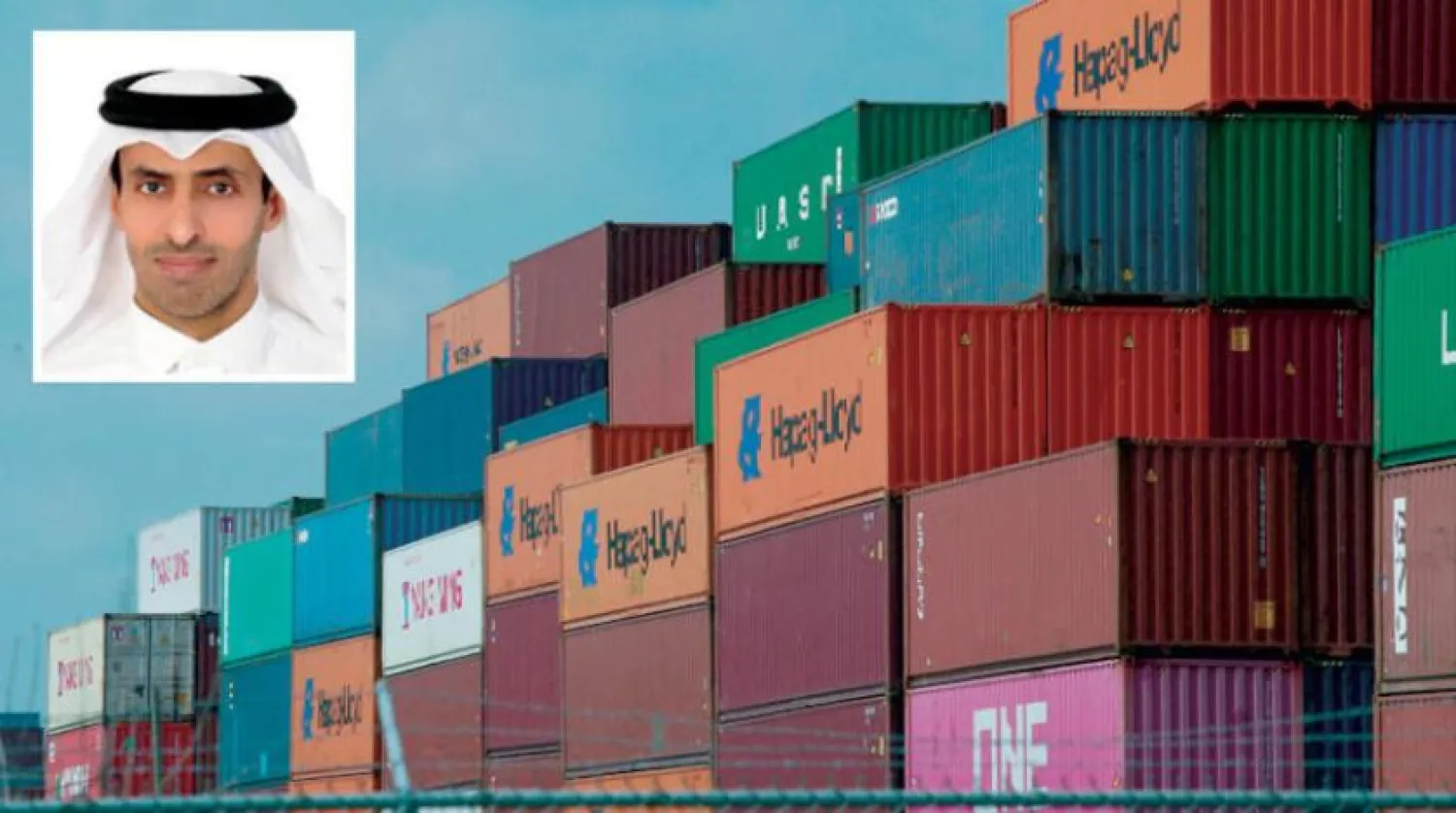 Containers are seen at Newark port in New Jersey and, in the frame, Chief Economic Advisor at the Saudi Ministry of Economy and Planning Dr. Raja Almarzoqi. (AFP)