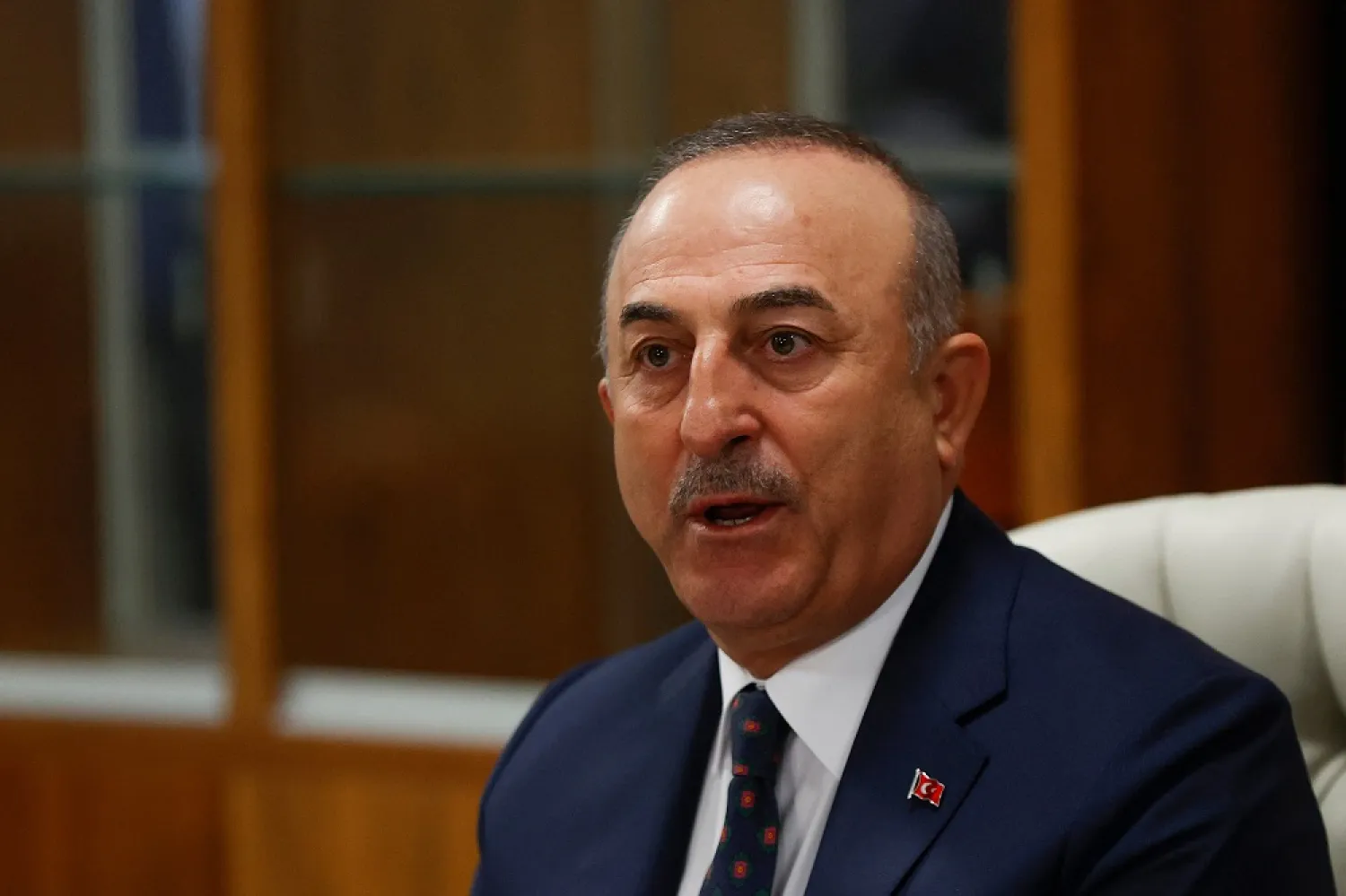 Turkish Foreign Affairs Minister Mevlut Cavusoglu conducts a press conference during his visit to South Africa at OR Tambo Building in Pretoria on January 10, 2023. (AFP)
